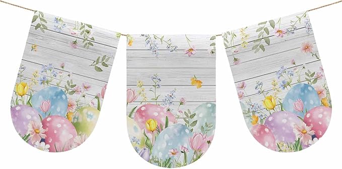 Easter Eggs Banner 3Pcs Indoor Outdoor Hanging Banner Flag Spring Daisy Eucalyptus Leaves Gray Wooden Sign for Fireplace Mantel Decorative Bunting Garland Valance for Shop Door Mantle Decor 9.8"x15.8"
