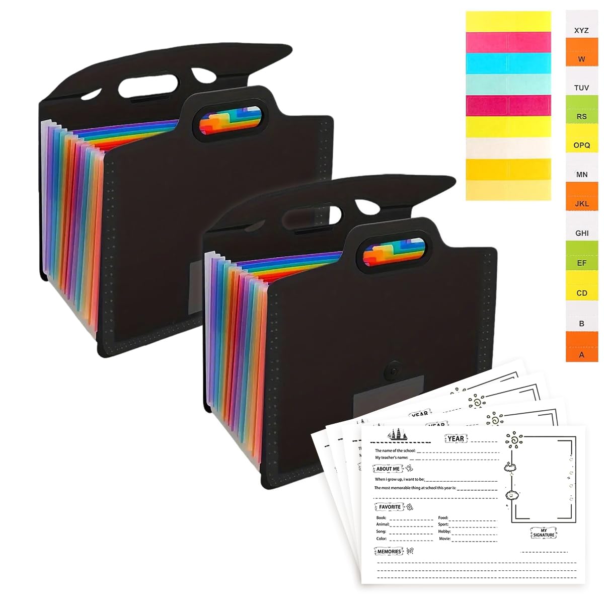 School Memory Box for Kids,Artwork Storage Photo Album Keepsake Box for Kid,Scrapbook from Preschool Through 12th Grade with 13 Pocket for Storage Pictures,Office File Folders (2 Pcs,Black)