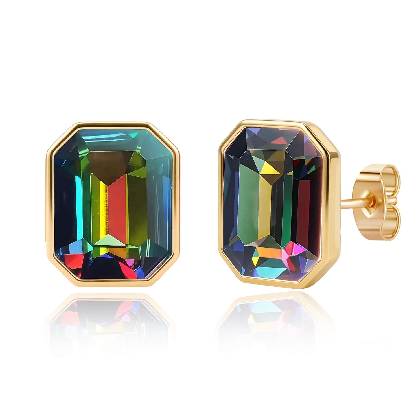 Austrian Crystal Octagon Stud Earrings for Women Fashion 925 Sterling Silver Post Hypoallergenic Jewelry (Vitrail Medium)