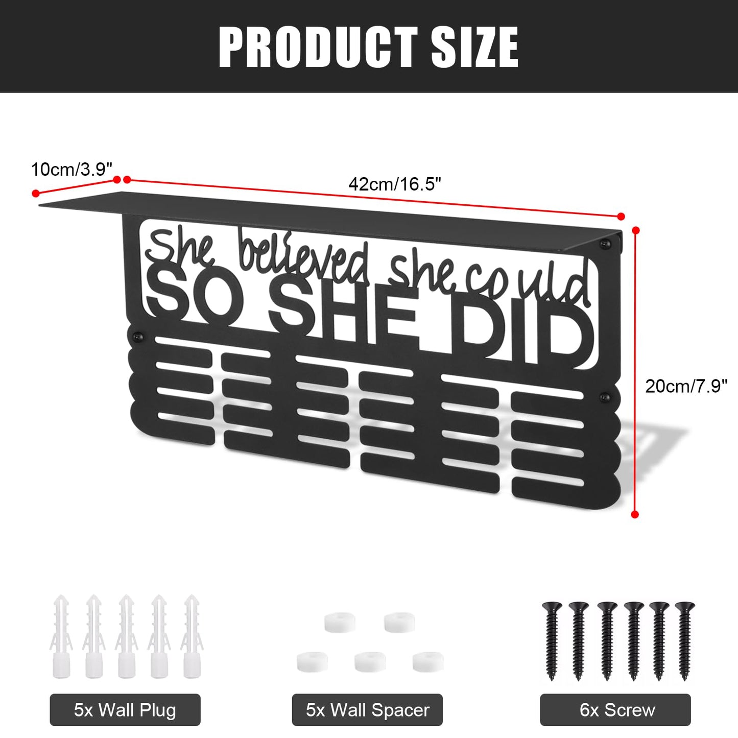 Takytao Medal Hanger Display with Trophy Shelf, Upgraded Sports Medal Holder Trophy Display Shelf Ribbon Holder Simple Wall Hanger (SHE BELIEVED SHE COULD SO SHE DID)
