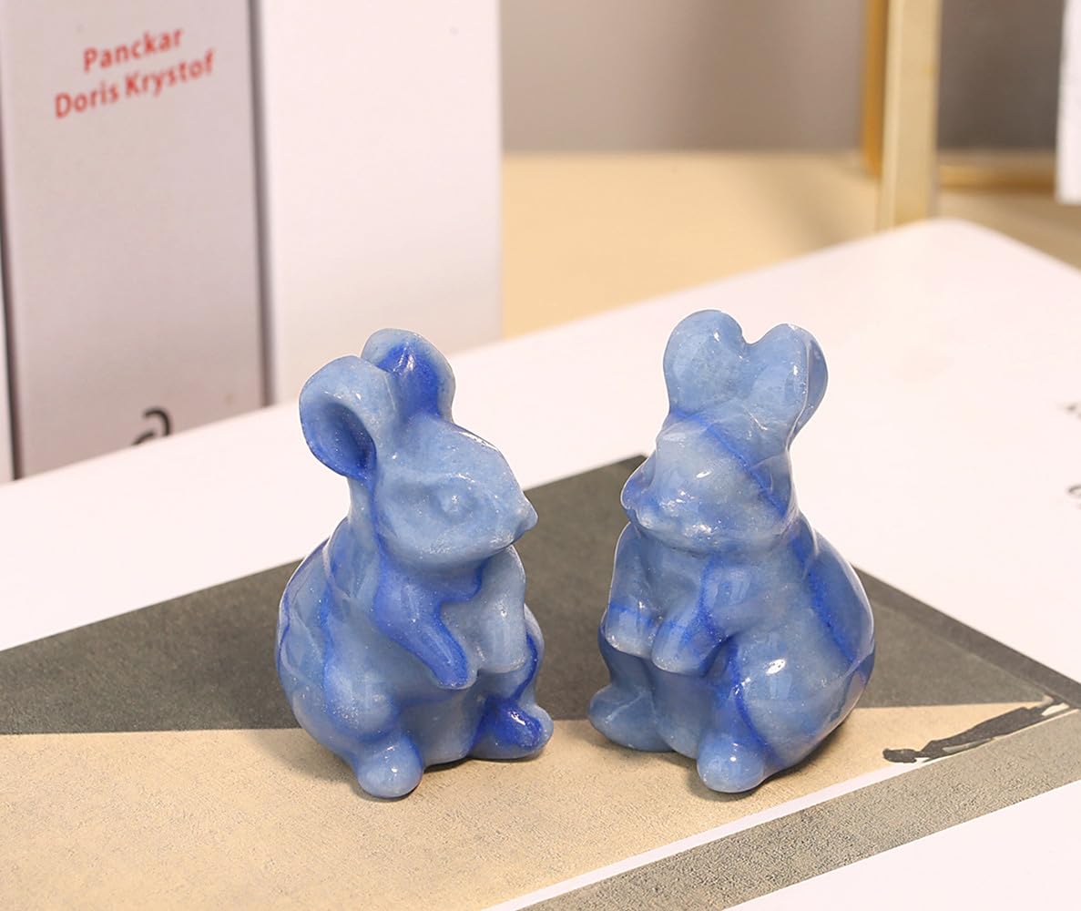 QINJIEJIE 2" Blue Aventurine Bunny Decor Easter Decorations Healing Crystals Rabbit Figurine Carved Stones Statue Natural Gemstones Polished Crystal Gift for Spring Easter Decor Party Favors