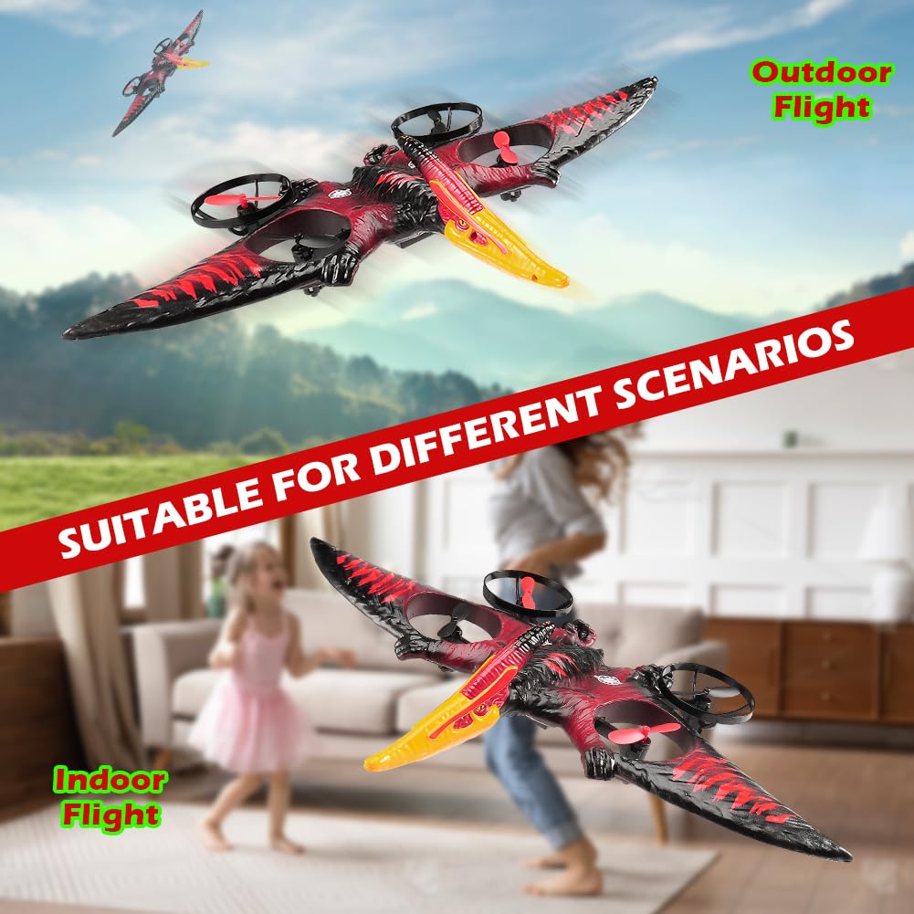 Dinosaur Remote Control Drone, 2.4G EPP Foam RC Pterodactyl Hobby RC Airplanes with 6-Axis Gyro, One Key Takeoff Landing, Stunt Roll & 360 Flip, Fighter Jet Toy Christmas Birthday Gift for Boys Girls