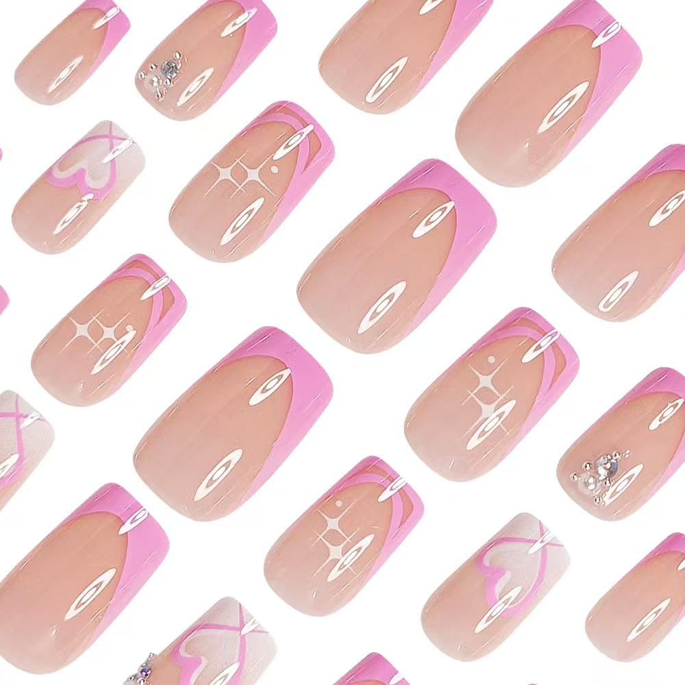 Pink French Tip Press on Nails Medium Square Fake Nails with Heart Rhinestone Design Valentine's Day False Nails for Women 24 Pcs