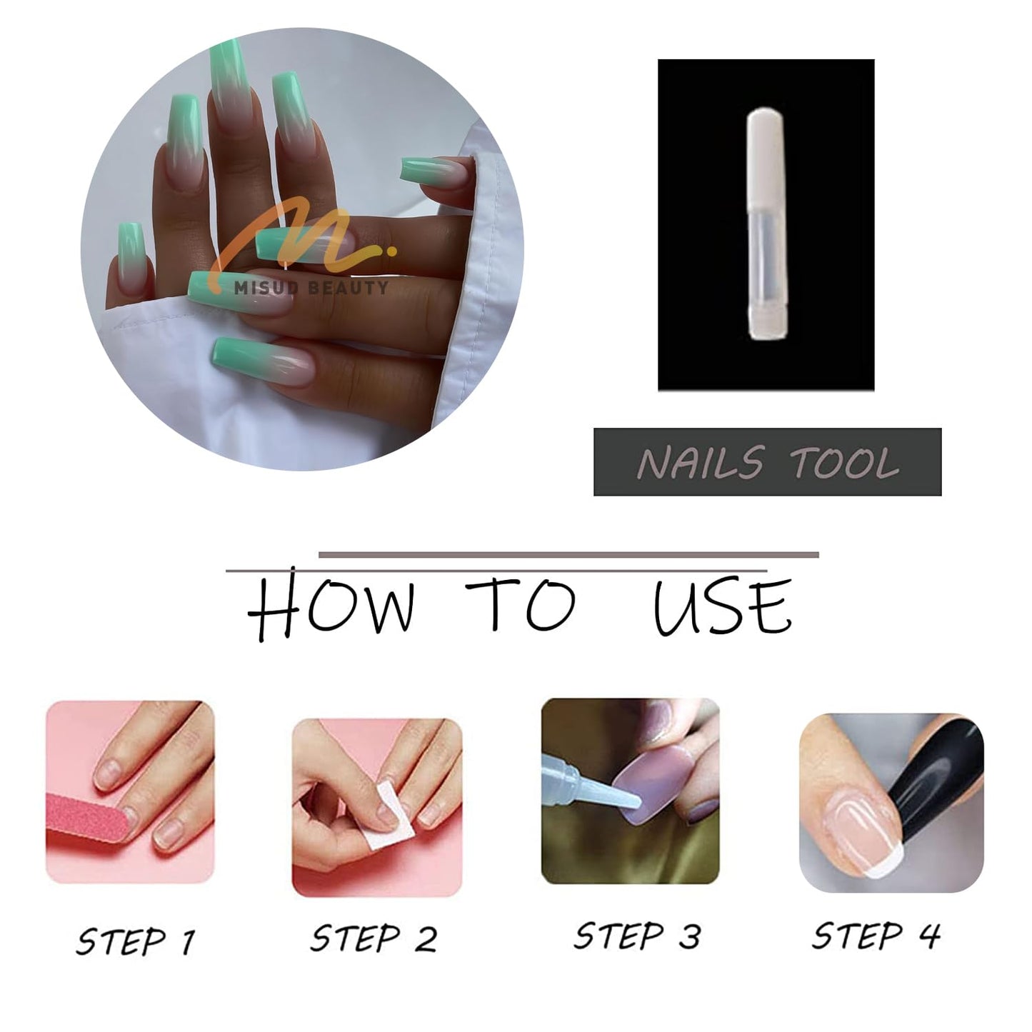 MISUD Press on Nails - Long Square Fake Nails with Summer Green, Acrylic Ombre Gradient Design 24 pcs
