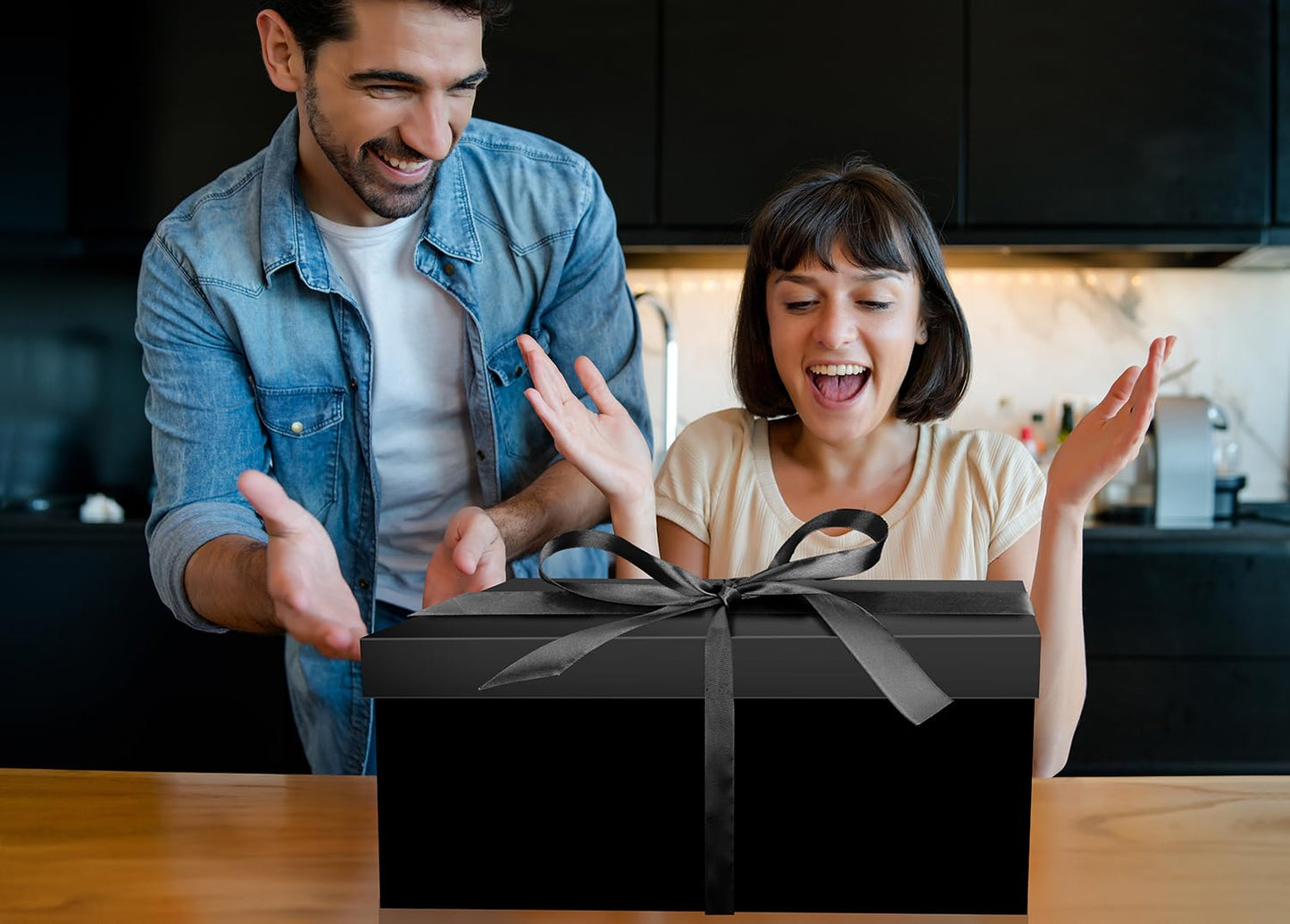 ysmile Black Gift Box with Lid for Present Extra Large Collapsible Gift Box with Filler Paper Ribbon for Birthday Anniversary 16.5x12.5x5.9
