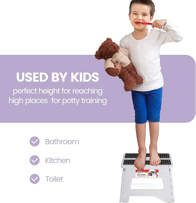 ACSTEP 9 Inch Folding Step Stool 300 LB Capacity Non Slip Foot Stool with Handle Plastic Foldable Step Stools for Kids Stepping Stool for Bathroom Kitchen Small Step Stool (1 PC White)