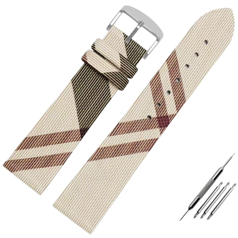 Compatible Watch Strap for Burberry, 14mm/16mm/18mm/20mm/22mm, Genuine Leather Replacement Band, Soft Breathable Fabric with Leather Lining, Free Installation Tool Kit (Beige, 14mm)