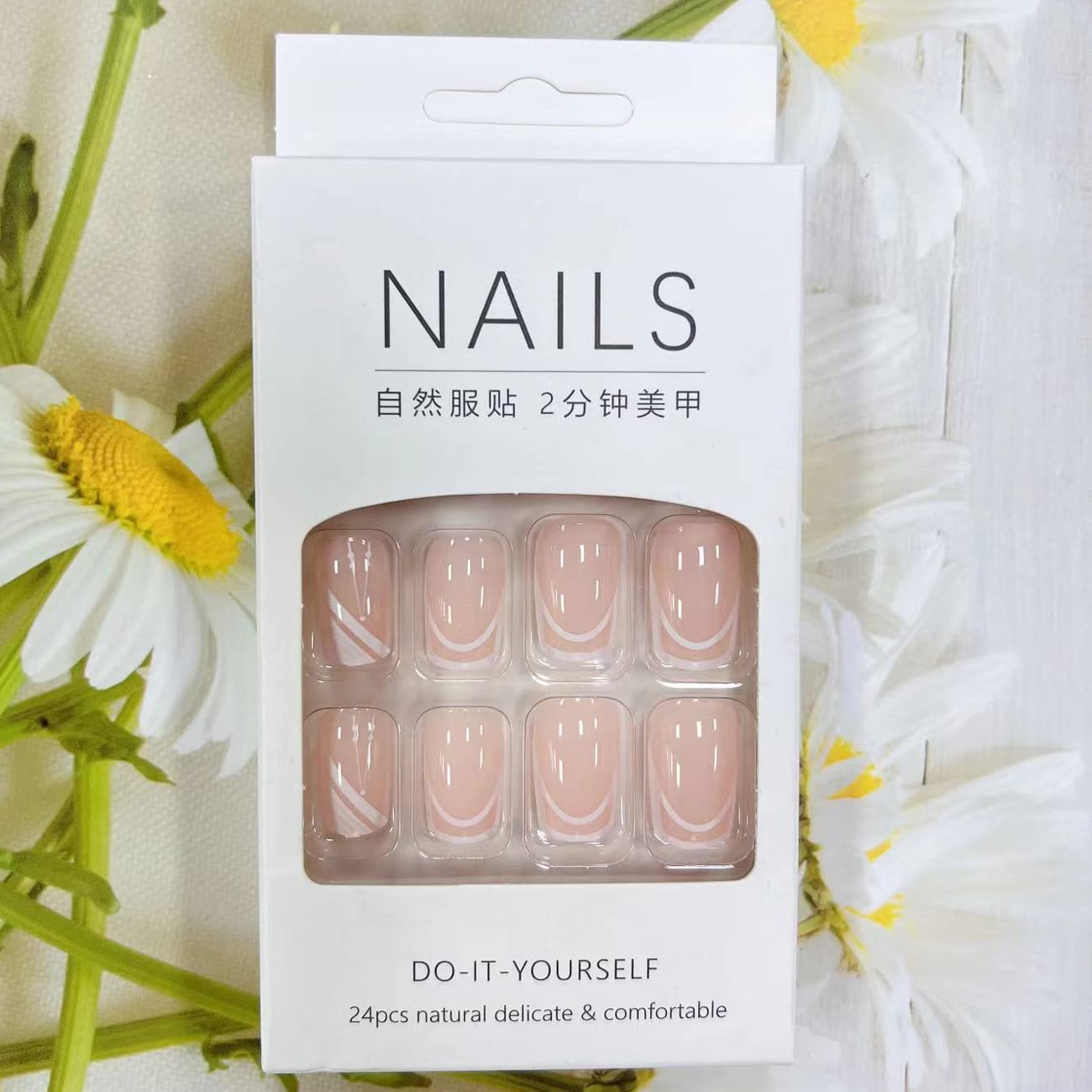 French Tip Press on Nails Medium Square Fake Nails Sweet White Nail Tips Designs Full Cover Square Shape False Nails Nude Acrylic Glue on Nails Medium Length for Women Girls, 24PCS