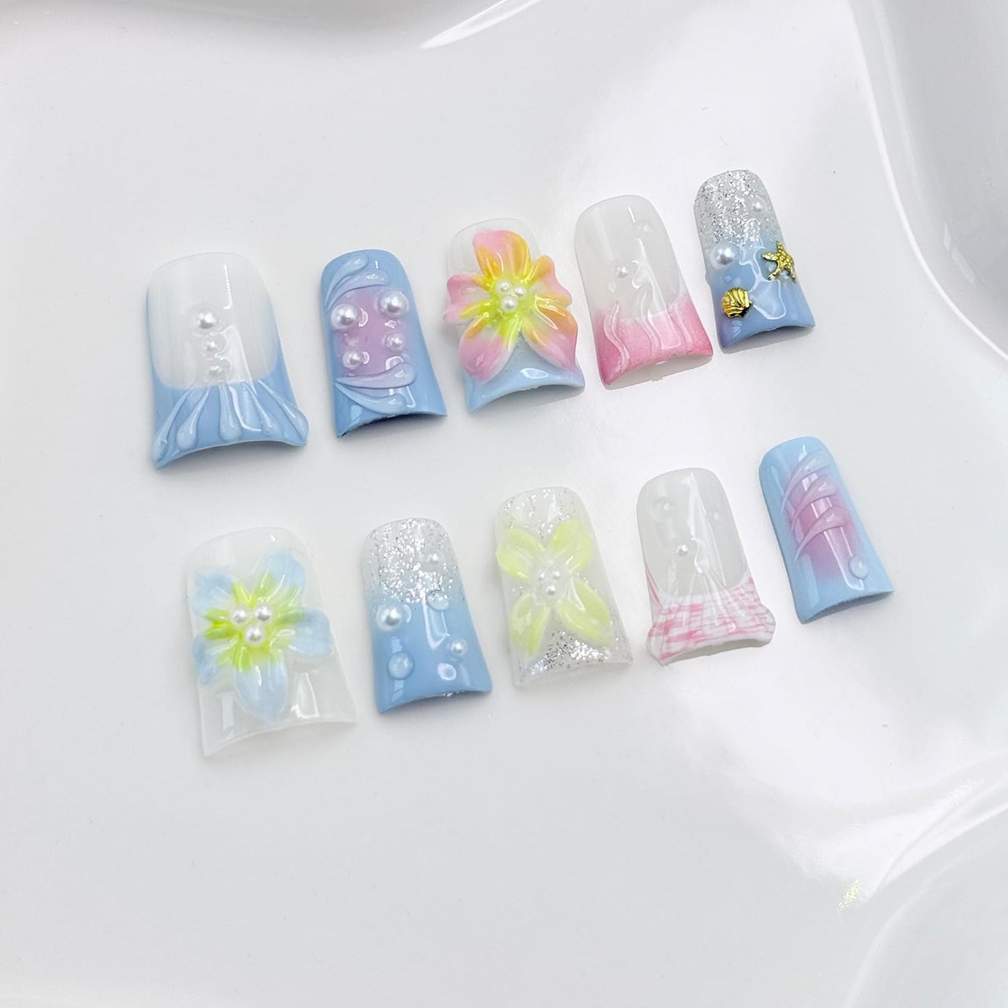 3D Flower Blue Gradient Handmade Press on Nails Shiny White Pearl Design Pink Gradient False Nails with Gold Shell Starfish Artificial Acrylic Full Set Press on Nail for Women Girls 10 Pcs （Size M）