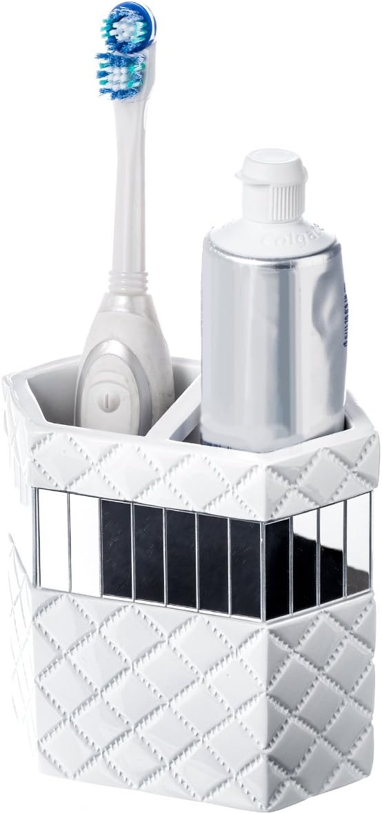 Creative Scents Quilted Mirror White Bathroom Accessories Set - Decorative 4 Piece Bathroom Set - Mirrored Bathroom Accessory Set Includes: Soap Dispenser, Toothbrush Holder, Tumbler & Soap Dish
