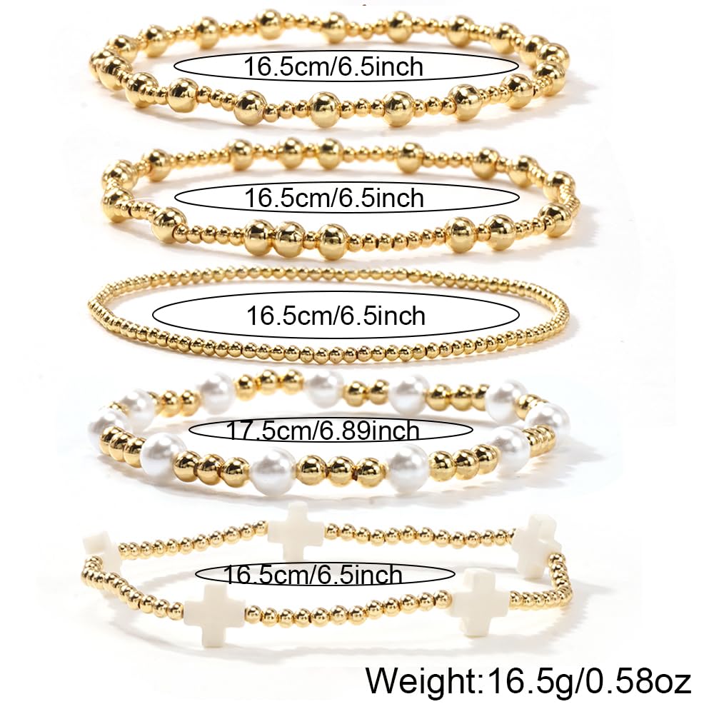 Bohxantium Gold Pearl Beaded Cross Bracelets Stack for Women Handmade Stackable Stretch Boho 14K Gold Plated Beads Ball Bracelets Set Trendy Jewelry Summer Birthday Prom Friendship Christian Gift