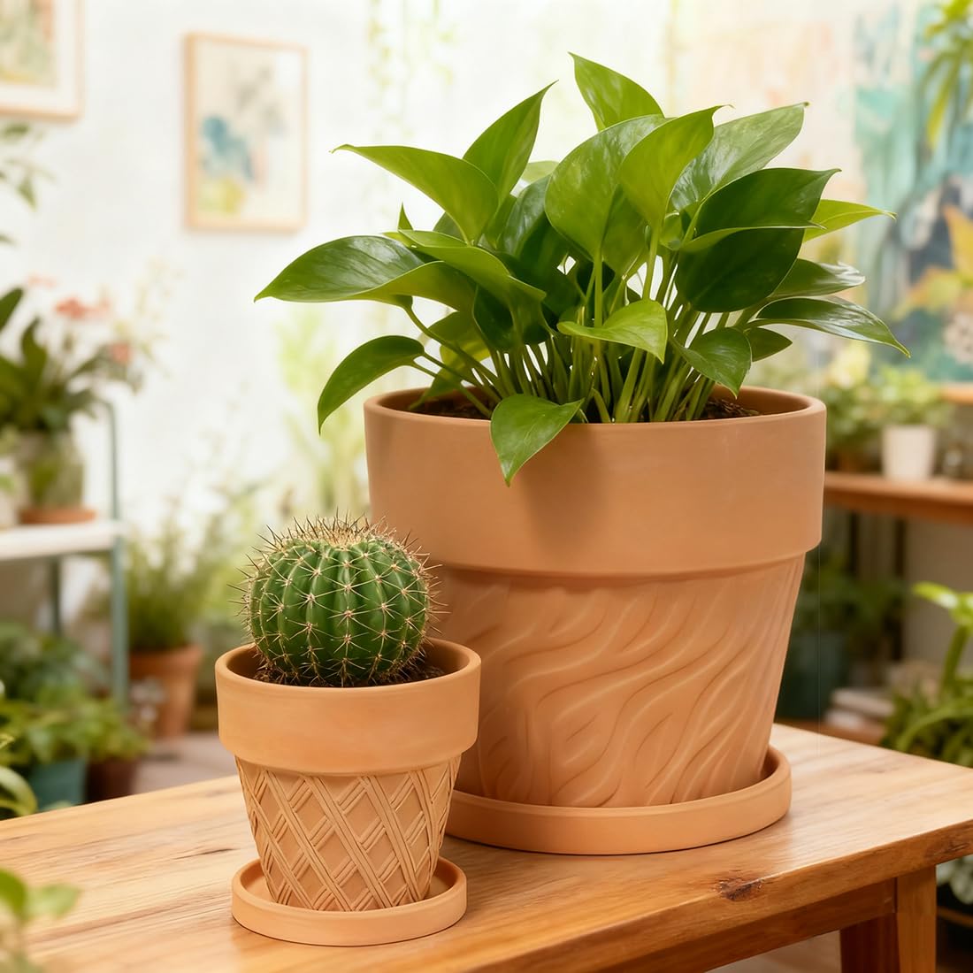 MUZHI 4Sets Round Terracotta Pot with Drainage Tray 6.5” 4.1”, Decorative Breathable Patterned Clay Plant Planter Pot Indoor Outdoor Plants Flowers Succulents Herbs cactus (4 Pack Cylindrical Pots)