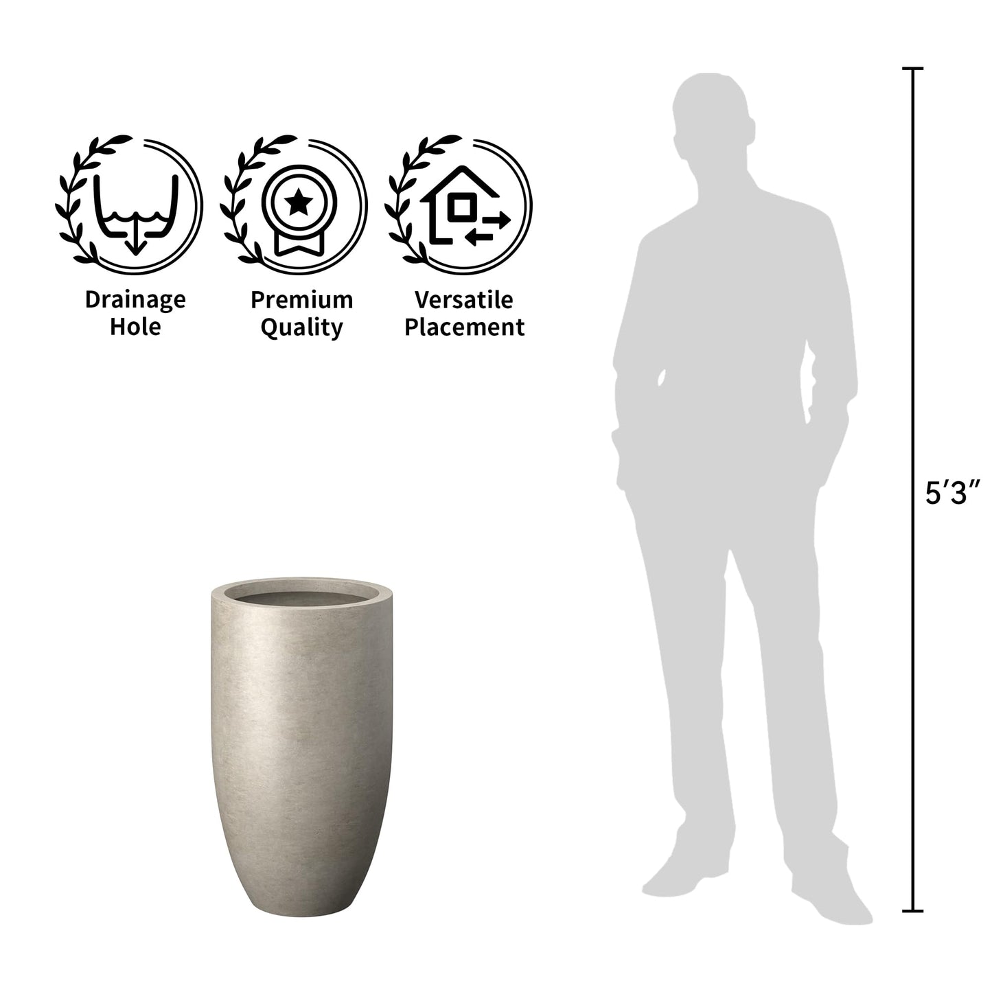 Kante 24" Tall Round Concrete Planter, Large Oval Plant Pot with Drainage Hole & Rubber Plug for Indoor Outdoor, Modern Weathered Beige Decor for Home Garden Patio