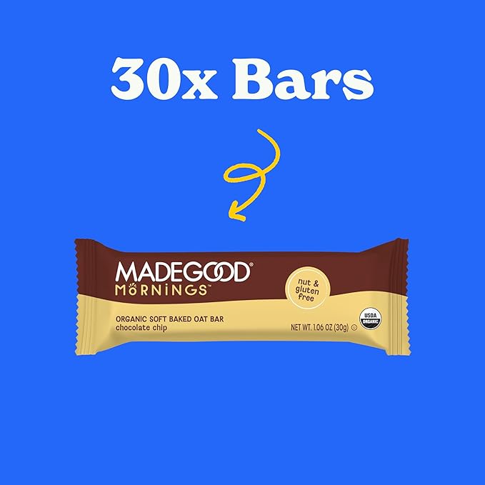 MadeGood Mornings Soft Baked Breakfast Bars, Chocolate Chip, 1.06 Oz (30 Count) Gluten Free Snacks