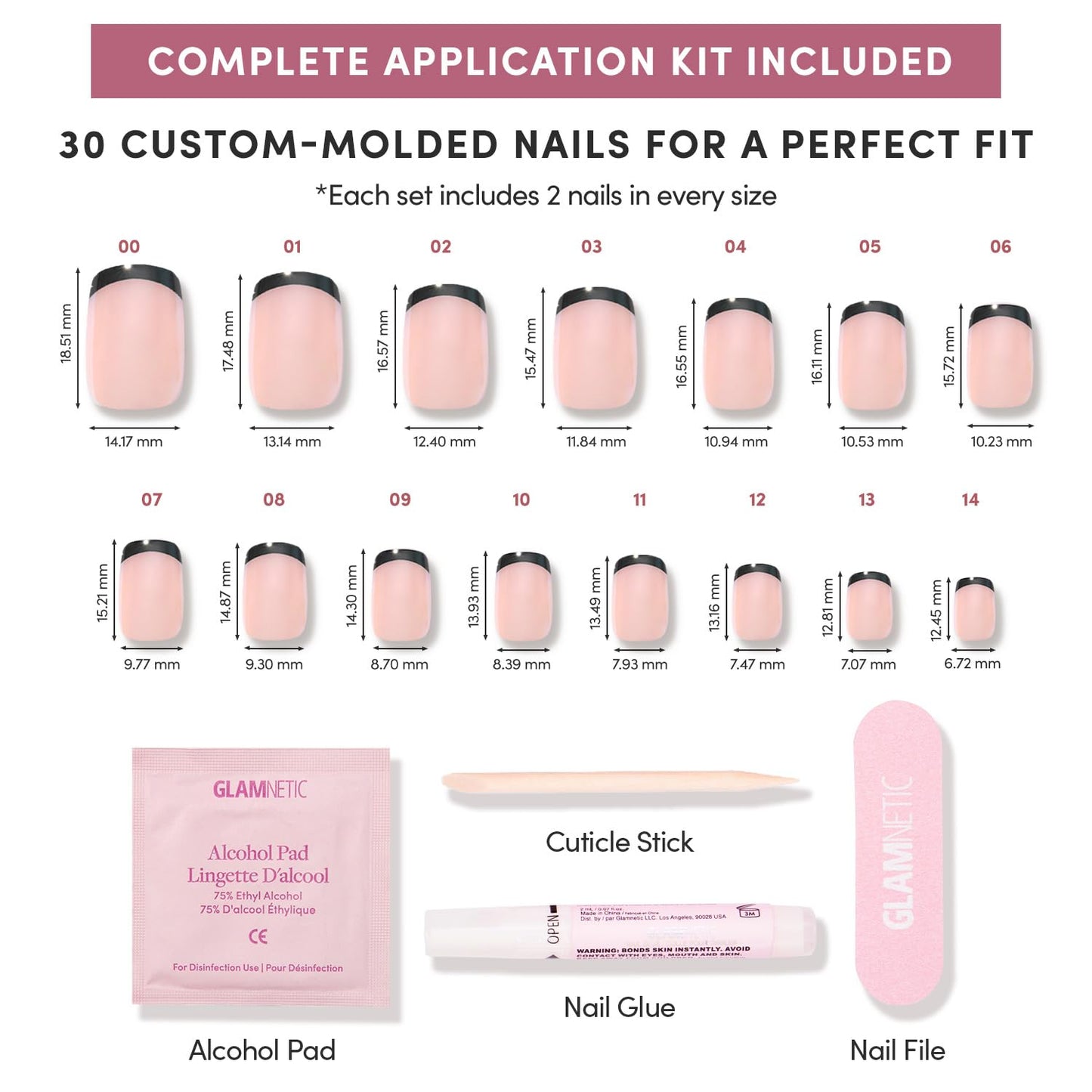 Glamnetic Press On Nails - Short Squoval Fake Nails, Black French Tip Nails, Squid Ink | 15 Sizes - 30 Nail Kit with Glue