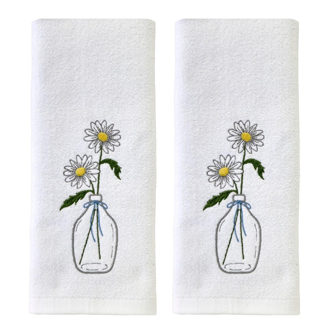 SKL Home Daisies in Vase 100% Cotton Embroidered 2pc Hand Towel Set, Decorative for Bath/Kitchen/Bar & Gift, Optic White