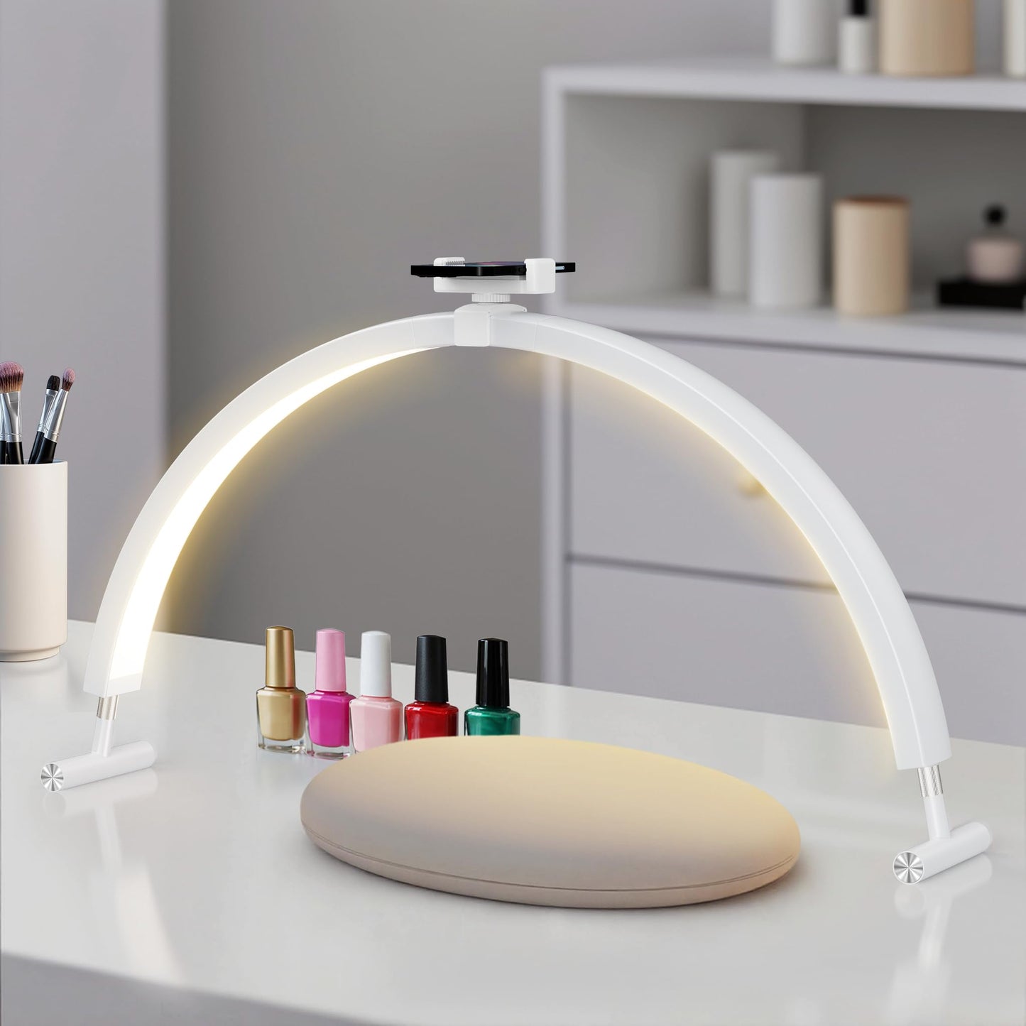 Mznoo Half Moon Light for Nail Desk, 30'' Large Half Moon Desk Lamp with Phone Holder, Professional Nail Tech Light with 3 Color Modes and 5 Brightness for Manicure Salon and Handicraft (White)