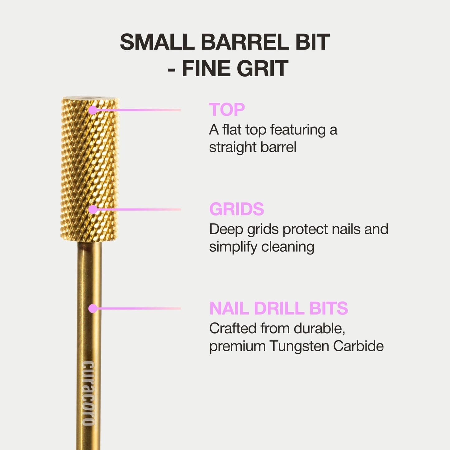 Curacoro Nail Drill Bits 3/32'' - Small Barrel Carbide Bit (Fine) for Professional Finish, Gently Remove, Buff & Polish Gel Nails, Nail Art Pedicure Manicure Salon & Home