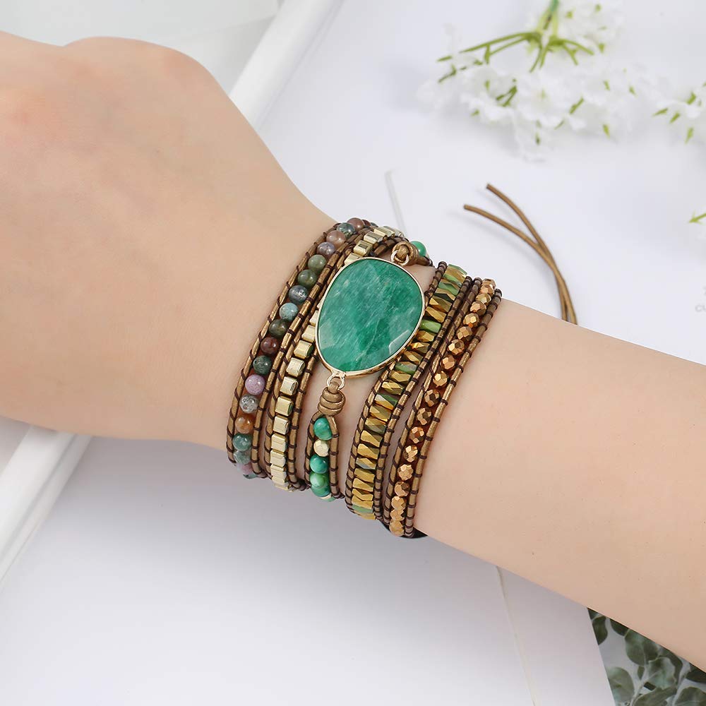 Plumiss Boho Handmade Green Aventurine Stone 5 Wrap Bracelets Natural Stone Beaded Multiple Strand Bracelet Jewelry