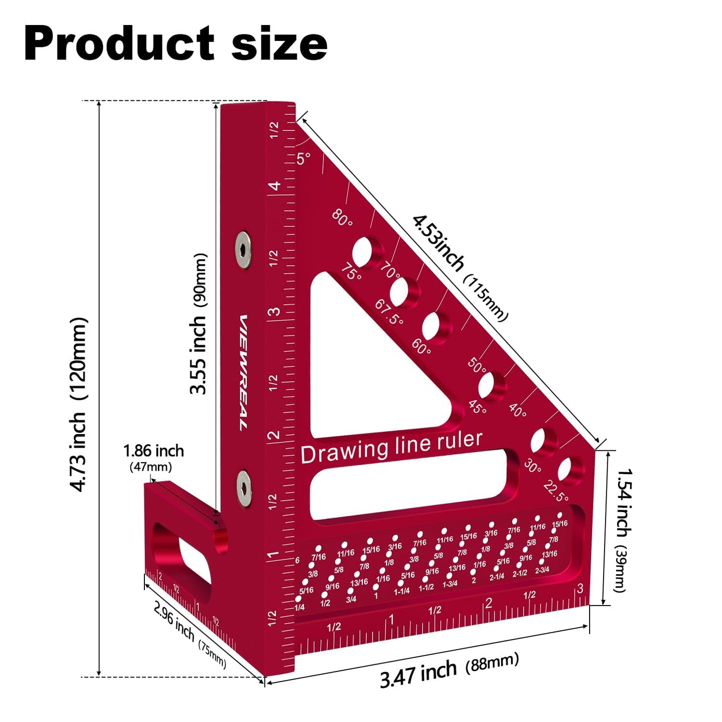 ViewReal Premium Carpenter Square Hole Scribing Ruler Woodworking Square 22.5-90 Degree Measuring Ruler with Angle Pin,Versatile Multi Angle Square for Woodworking, Engineering, and Construction
