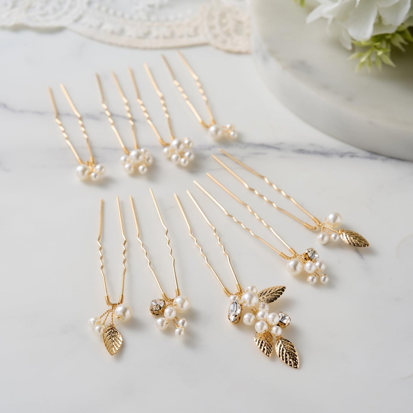 SWEETV 9 Pieces Bride Hair Accessories Pearl Wedding Hair Pins Leaf Bridal Hair Piece Vintage Hair Headpiece Leaf Hair Clips Jewelry for Women Bridesmaids Brides Flower Girls