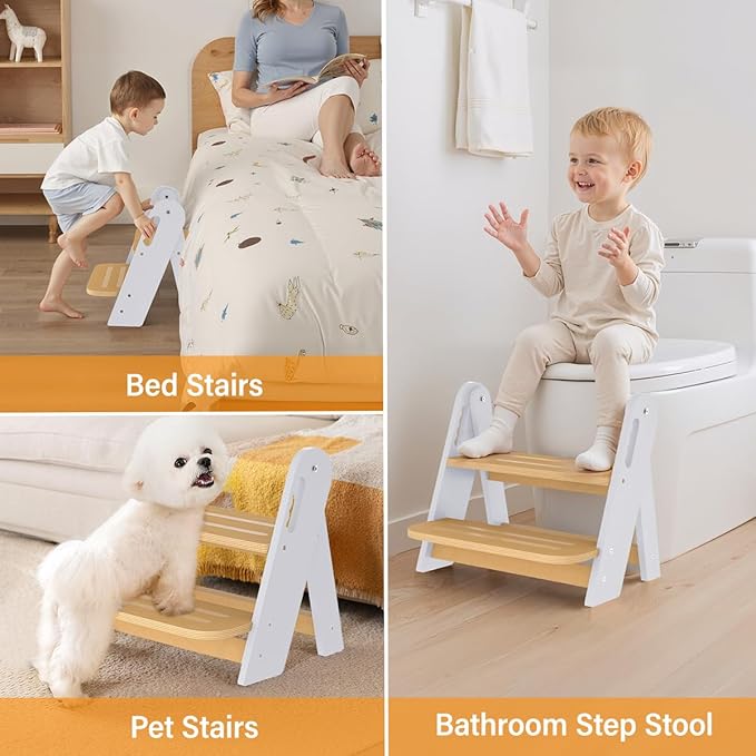 Toddler Step Stool, Wooden Height-Adjustable 2 Step Stool for Kids, 2 in 1 Potty Training Stool with Safety Handles Non-Slip Pads for Bathroom Sink, Kitchen, Bedroom (White, Foldable)