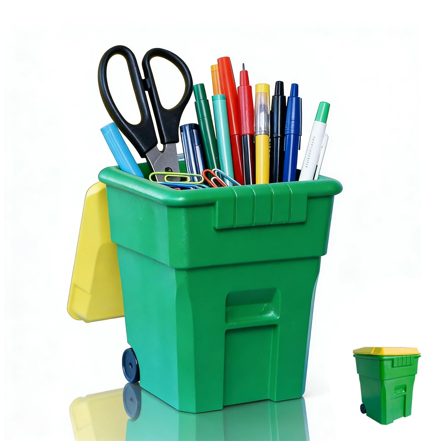 ini Trash Can Pen Holder with Lid - 3-in-1 Desk Organizer Pencil Cup Small Plant Pot with Drainage Desktop Trash Bin for Office Plants and Gifts Green