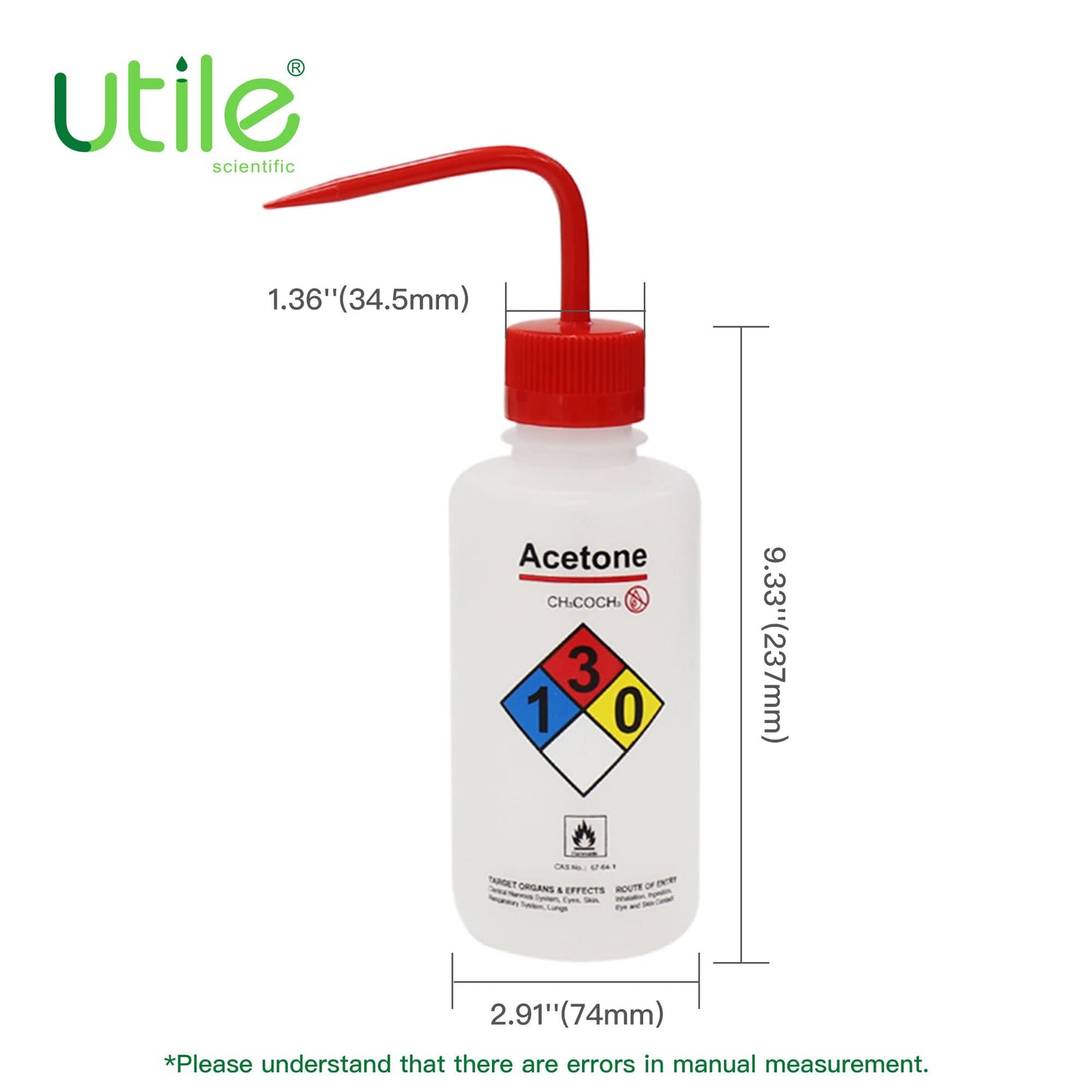 Utile 4pcs of Vol. 17oz (500ml) Acetone Wash Bottles, Narrow Mouth, Self-Venting Safety Squeeze Bottle, LDPE Material with PP Material Closure, 5511.0171.4