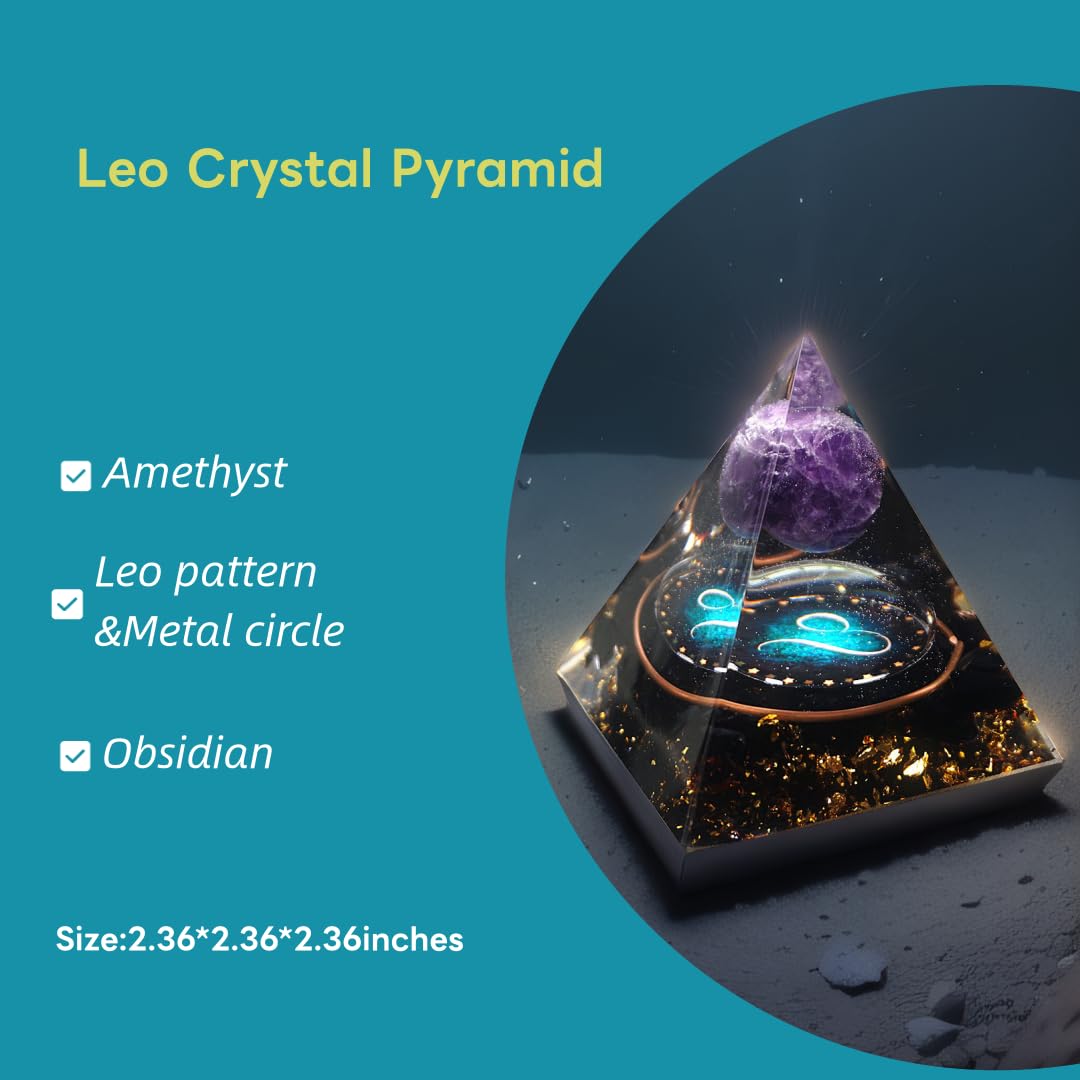 12 Zodiac Orgone Crystal Pyramid, Natural Amethyst with Obsidian,Healing Crystals Pyramid for Protection Chakra, Unique Constellation Pyramid for Positive Energy, Healing Money Health(Leo)
