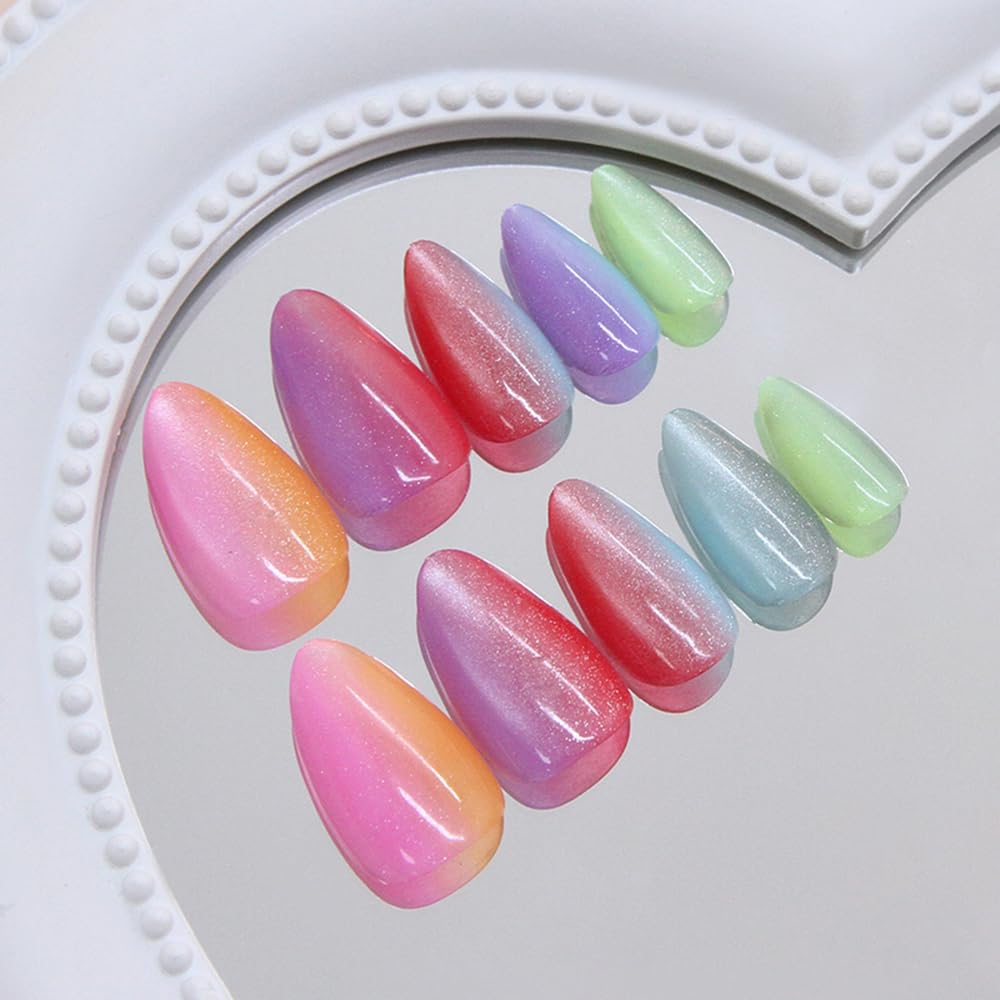 Almond Press on Nails Short Colorful Gradient Fake Nails Ombre Cat Eye False Nails Glossy Cute Dopamine Vitality Rainbow Glue on Nail Acrylic Nails Reusable Stick on Nail for Women Manicure 30Pcs