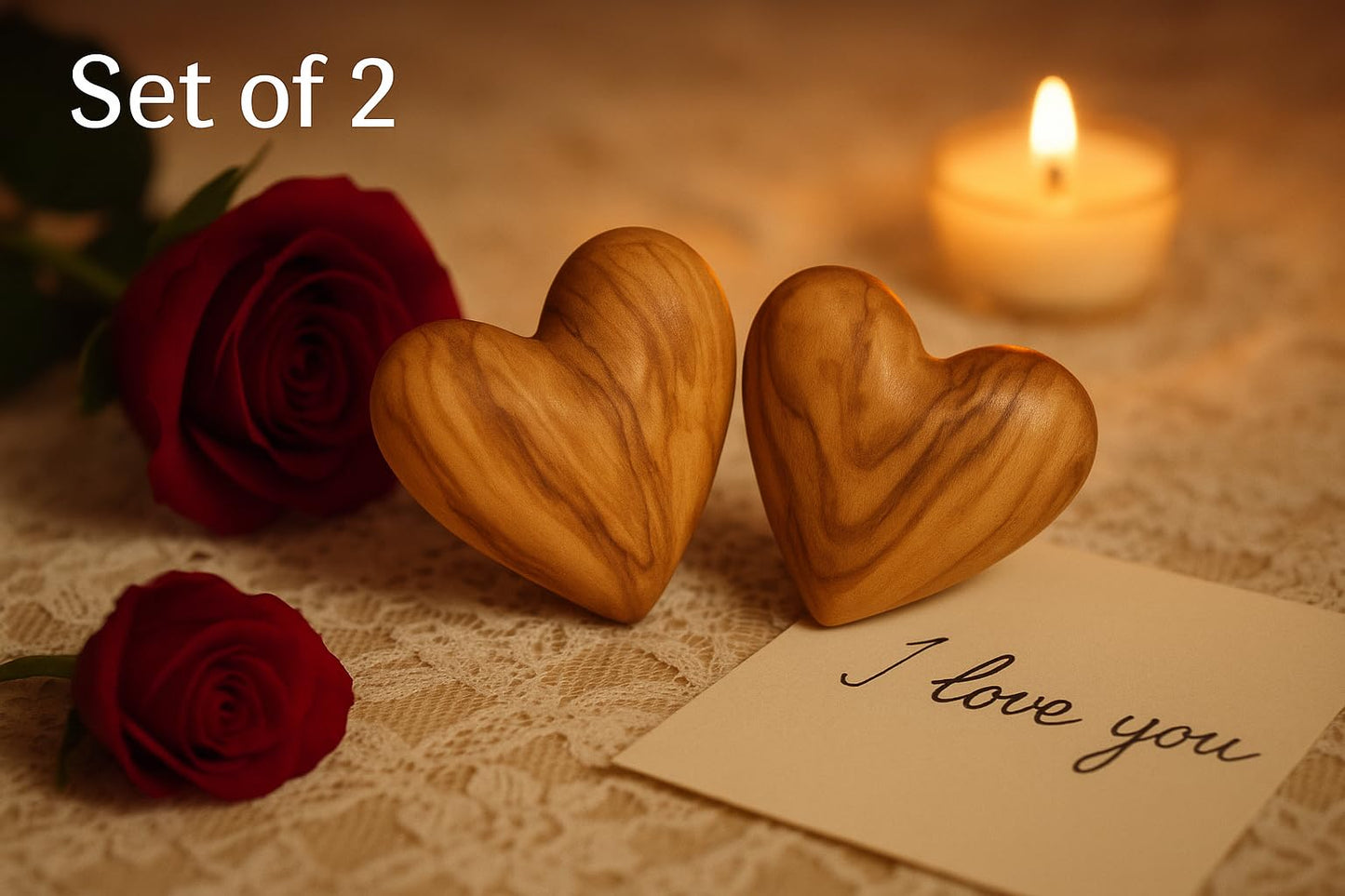 Zuluf Set of 2 Large Olive Wood Hearts 2.4" Hand Carved Wooden Heart Paperweights Rustic Table Centerpieces Wedding Decorations Valentine Gifts Home Décor Keepsakes Made in Bethlehem w/Certificate