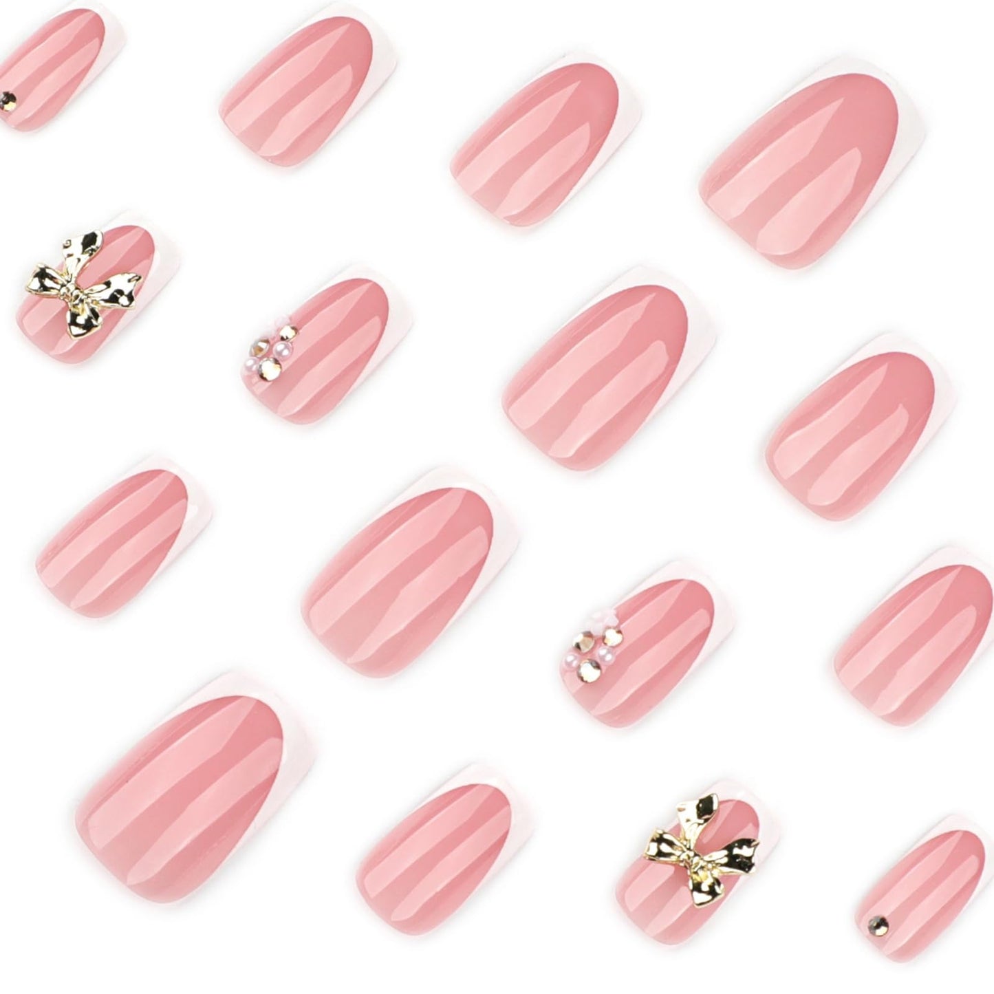 24Pcs Bow Press on Nails White French Tip Fake Nails Short Nail Press ons with Rhinestone Flower Design Square Stick on Nail for Women Manicure 24Pcs
