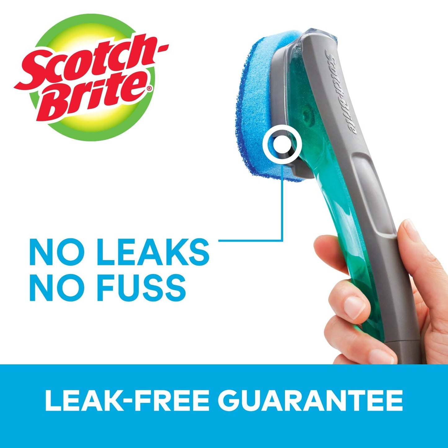 Scotch-Brite Advanced Soap Control Non-Scratch Dishwand Kit, 1 Dish Wand & 5 Sponge Refills, Prevents Soap from Leaking, Leak-Free Guarantee, Best for Nonstick Pots and Pans, Glass, Tubs, & Showers