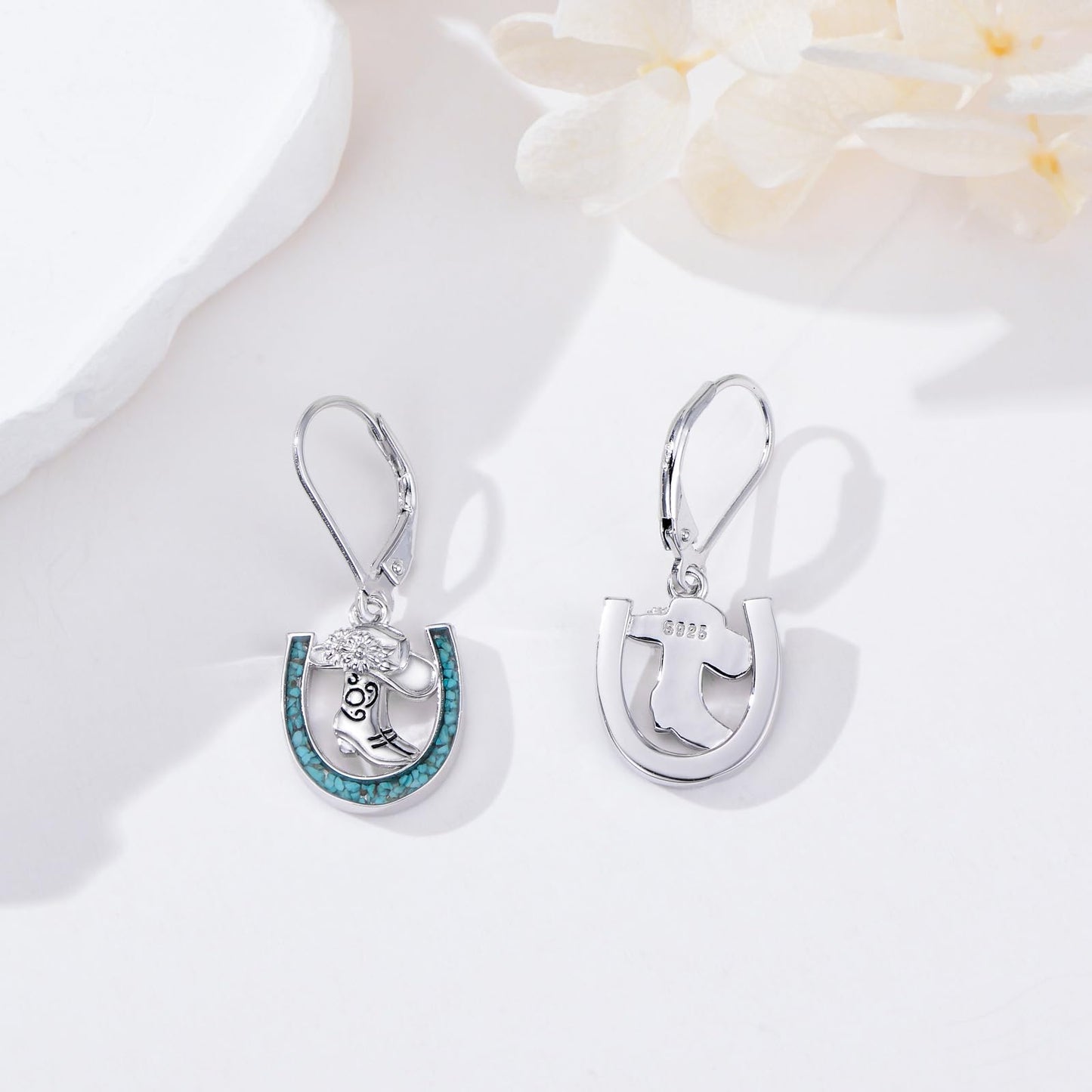 YYmqmq Cowboy Boot Earrings 925 Sterling Silver Turquoise Horseshoe Dangle Earrings Laverback Western Jewelry Christmas Gifts for Women Cowgirl