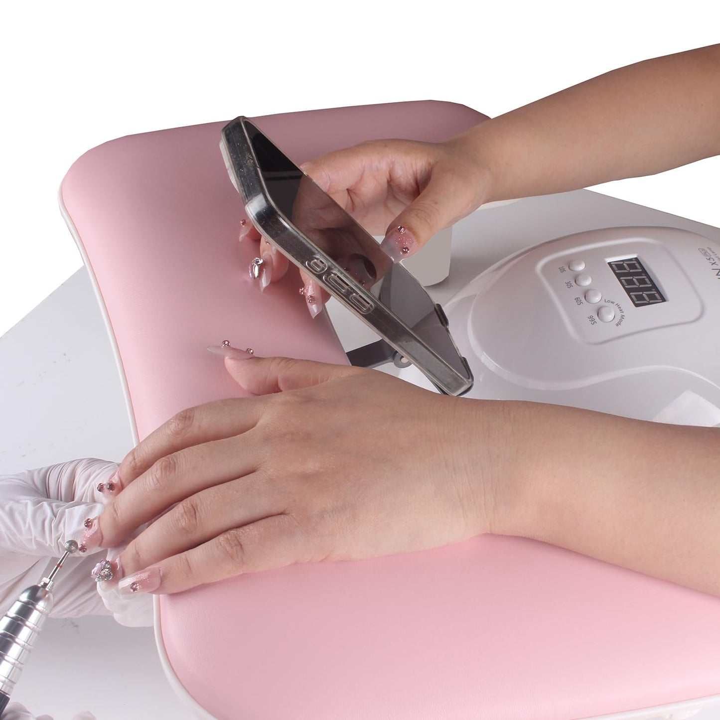 Big Arm Rest for Nails Tech with Rotating Phone Holder, U - Shaped Manicure Hand Rest Stand (Pink)