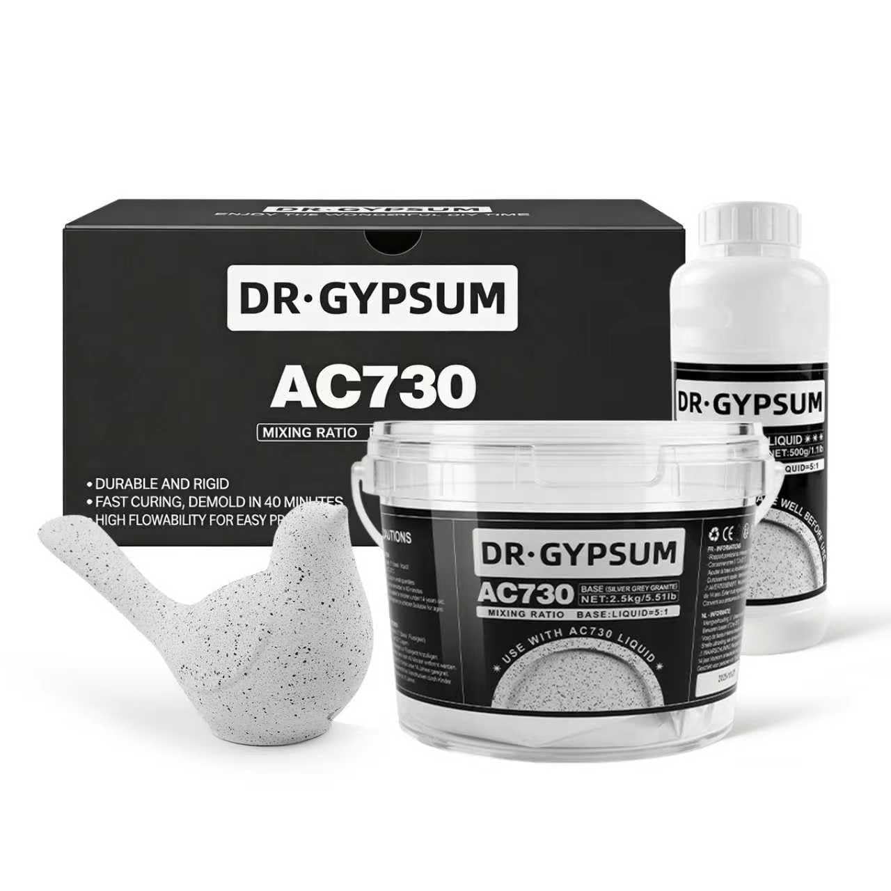 DR.GYPSUM Casting Powder, Fast-Curing,Water-Activated Material for DIY Crafts，Two-Part Powder Base and Liquid Set, 1.2kg(2.2Ib Base+0.44Ib Liquid)/Set(Silver Grey Granite)