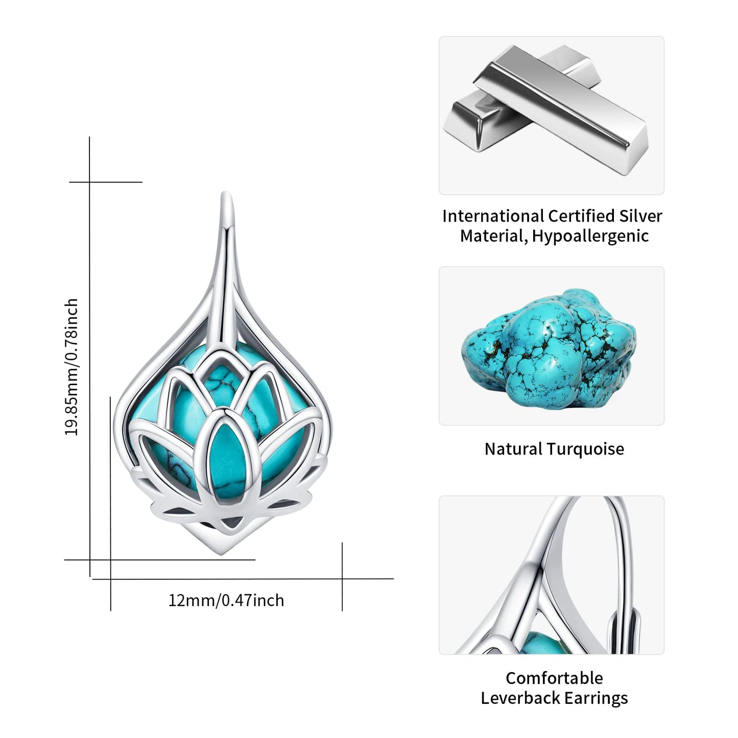 BDL Lotus Genuine Turquoise Leverback Earrings Sterling Silver Dangle Drop Jewelry for Women