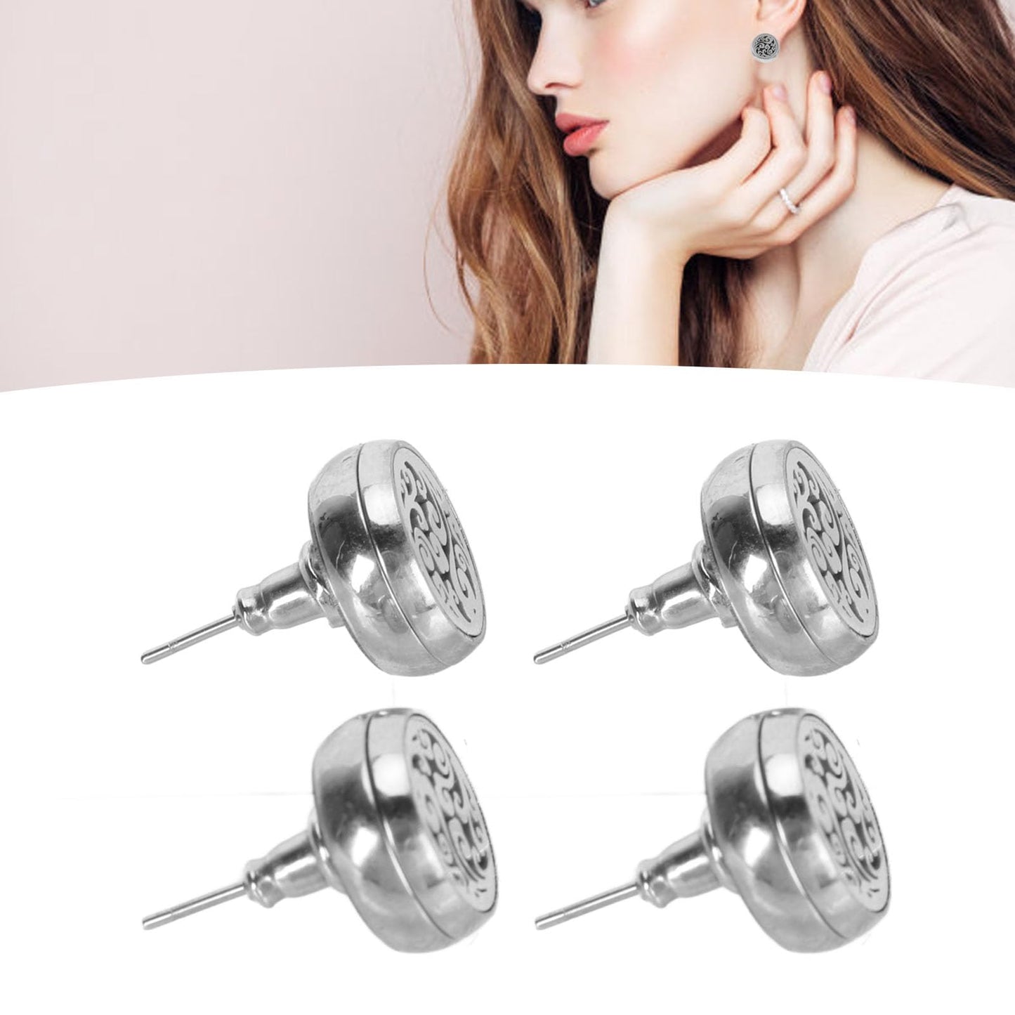 Women Aromatherapy Earrings, 2 Pairs Round Shape Hand Crafted Stainless Steel Essential Oil Diffuser Earrings Essential Oil Stud Earrings for Daily Wear Meditation