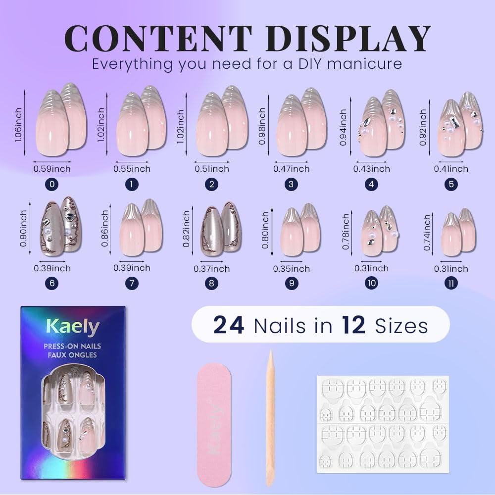 evpct Nude Pink 3D Press on Nails Short Almond No Glue with Wave Pearl Design, 3D Wave Tip Stick on Nail for Women Gift, Reusable Full Cover Soft Press on Fake Nail Perfectly Fit with Diamond Design