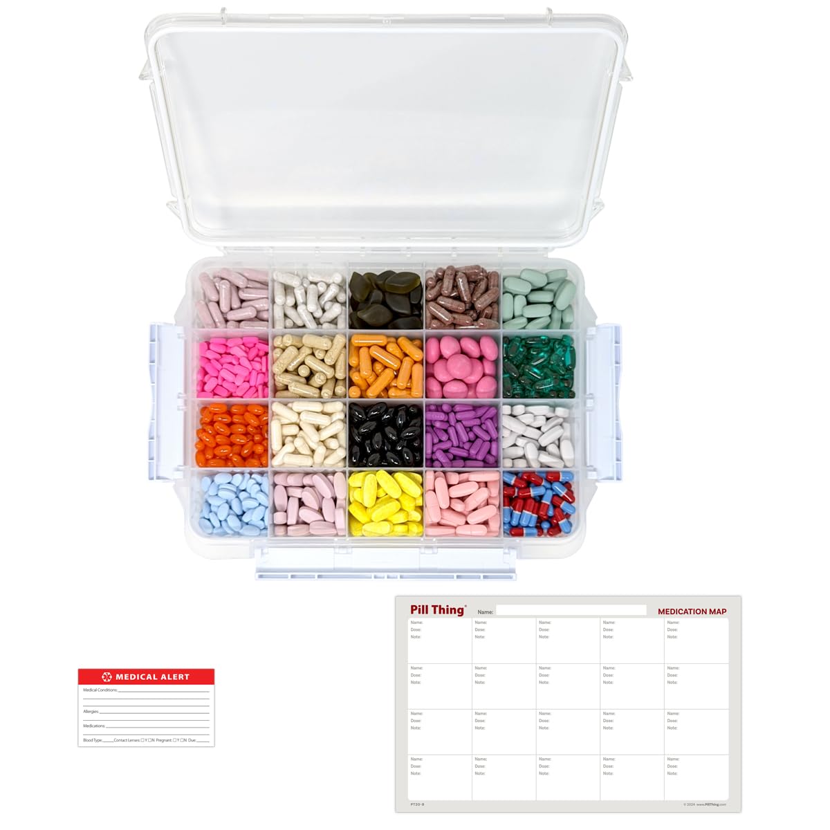 20 Compartment Large Pill Case with Airtight Seal - Silicone Gasket Waterproof Med Box with Medication Map (Clear, 1 Pack)