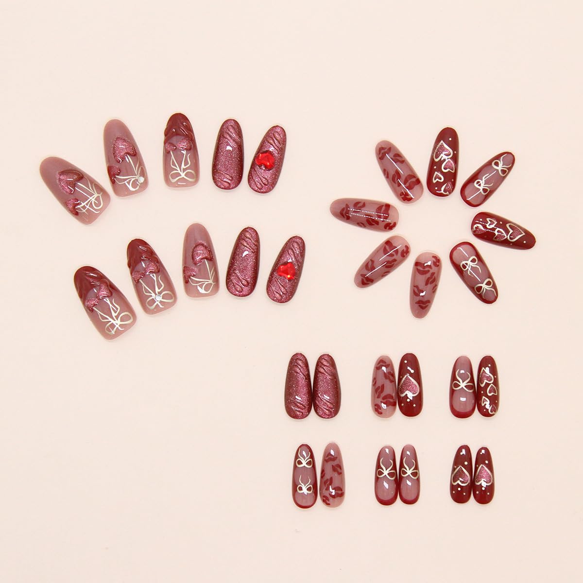 30Pcs Red Heart Press on Nails Medium Almond French Tip Fake Nails with Cute Openwork Bow Cherry Designs Sexy Lips Full Cover Acrylic Stick on Nail Romantic Valentines False Nails for Women DIY Kit