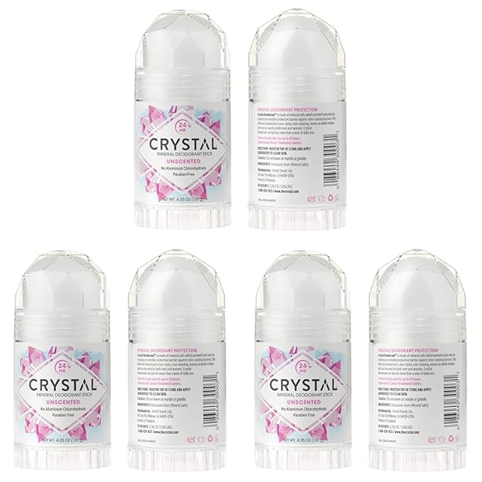 CRYSTAL Mineral Deodorant Stick - Unscented Body Deodorant With 24-Hour Odor Protection, Non-Staining & Non-Sticky, Aluminum Chloride & Paraben Free, 4.25 oz, (6 Pack) (Packaging May Vary)