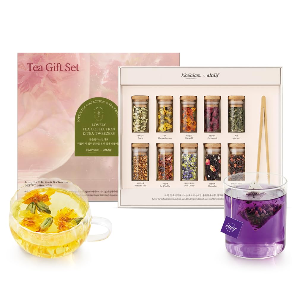 KKOKDAM Premium 10-Tea Sampler Gift Set with Wooden Tweezers – 5 Blooming Flower & 5 Blended Loose Leaf Teas – Unique Korean Gift Box for Women, Mom & Tea Lovers – 1.68oz Variety Pack