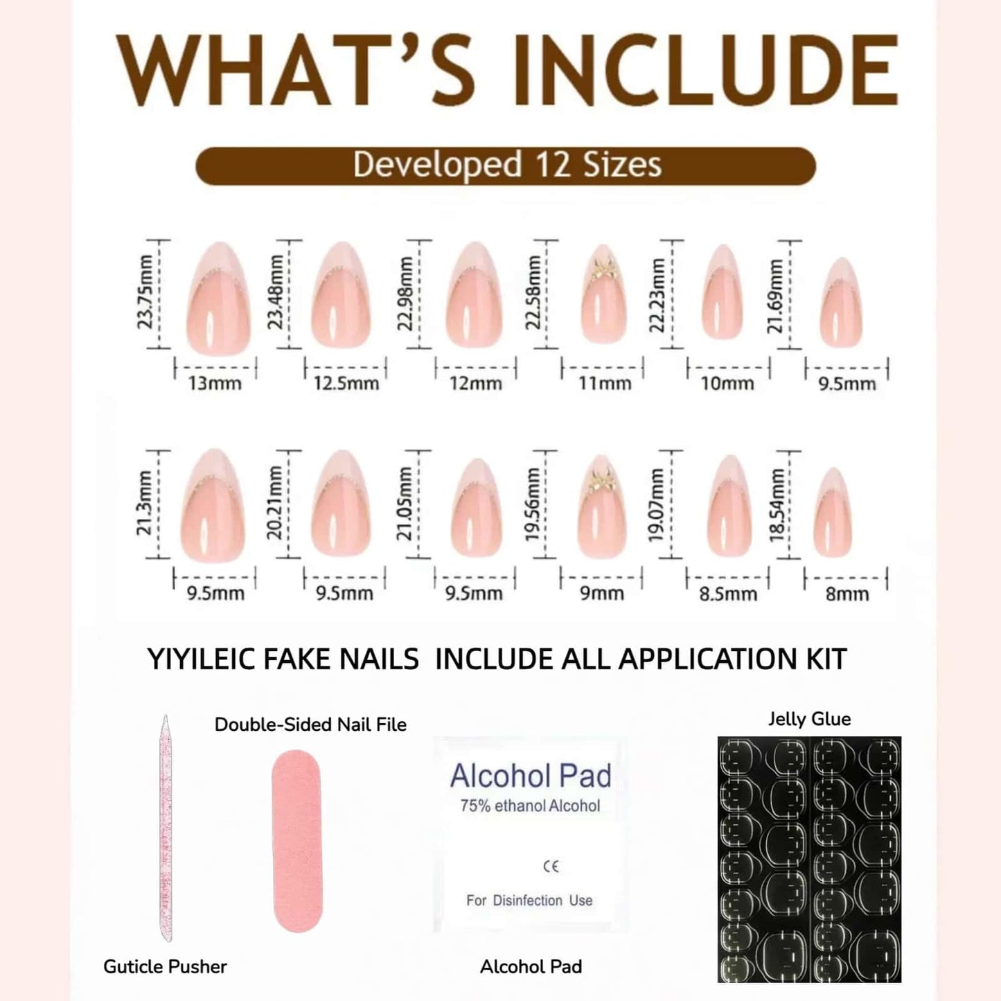 Medium Almond Press on Nails Gold French Tip Fake Nails Nude with Gold Foil Design Glossy Acrylic Glue on Nails Reusable Artificial Nail Full Cover Sticker on Nails for Women 24 Pcs