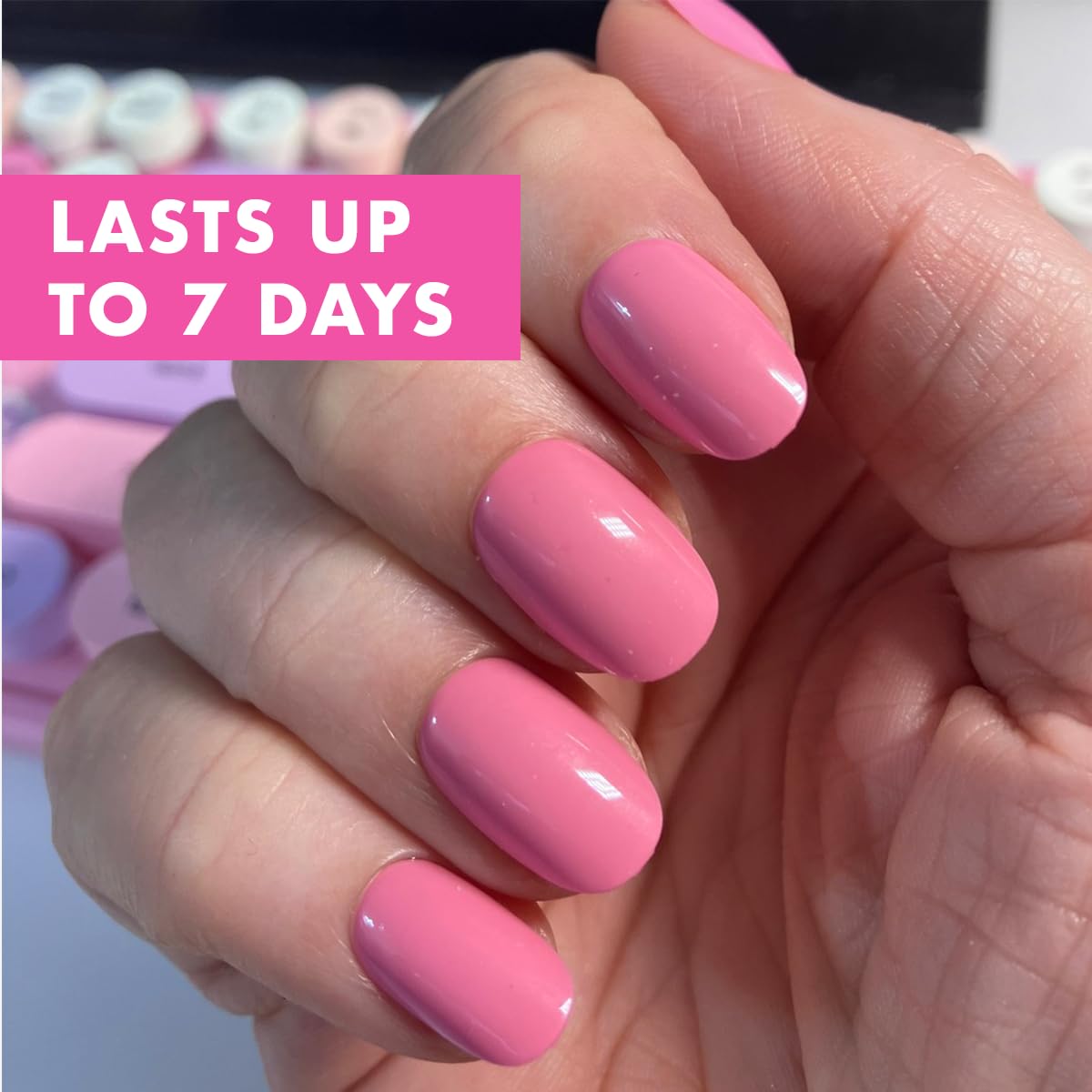 Olive & June Classic Super Stick Mani Press On Nails | No Glue Needed | 32 Tab Nails 16 Sizes | Non-Toxic Tabs Non-Damaging 7-Day Wear | Spring Flowers & Patterns | Short, Round | Taffy Bright Pink