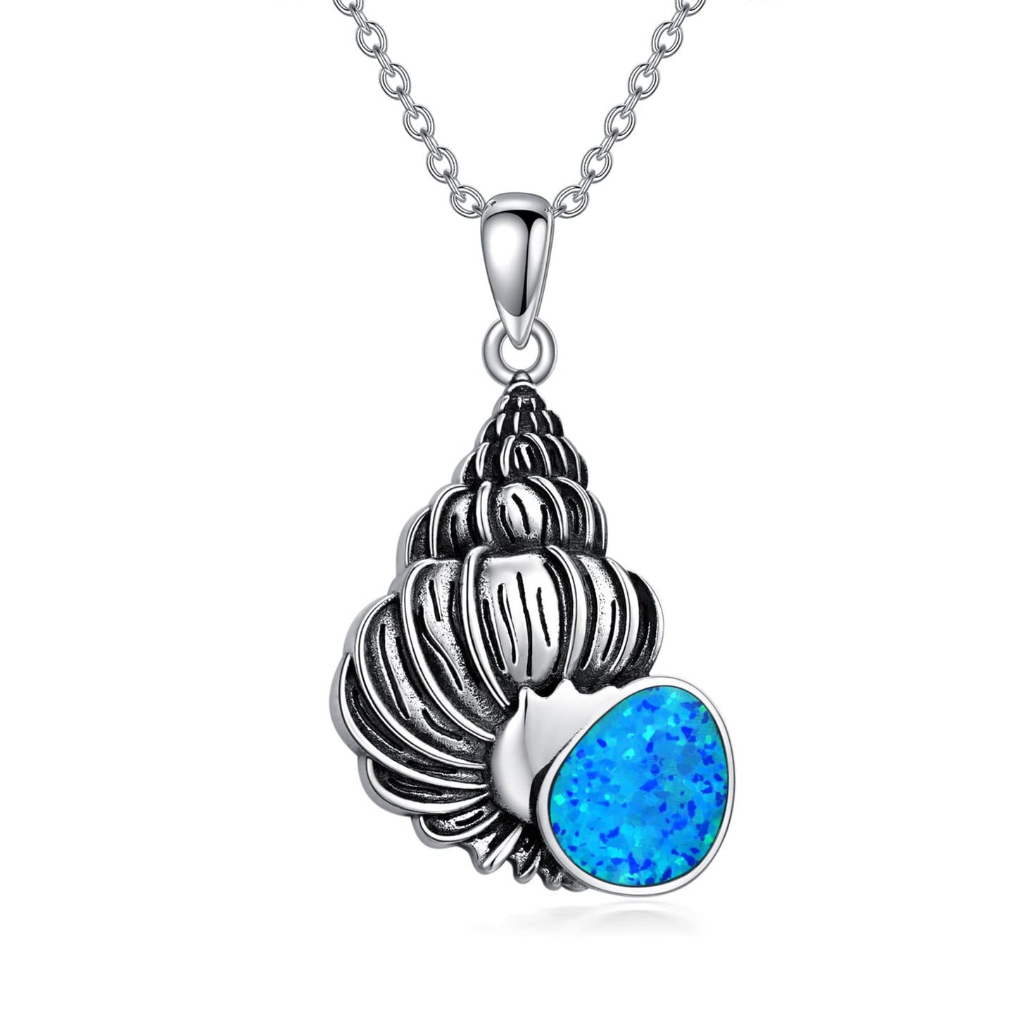 PROESS Conch Seashell Necklace Sterling Silver Blue Opal Conch Pendant Necklace Ocean Jewelry Gifts for Men Women