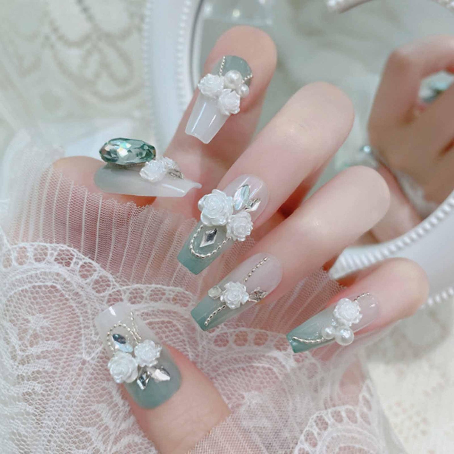 Hkanlre 3D Press on Nails Medium Fake Coffin Nails Tips Full Cover Luxury False Nails for Women and Girls 24PCS