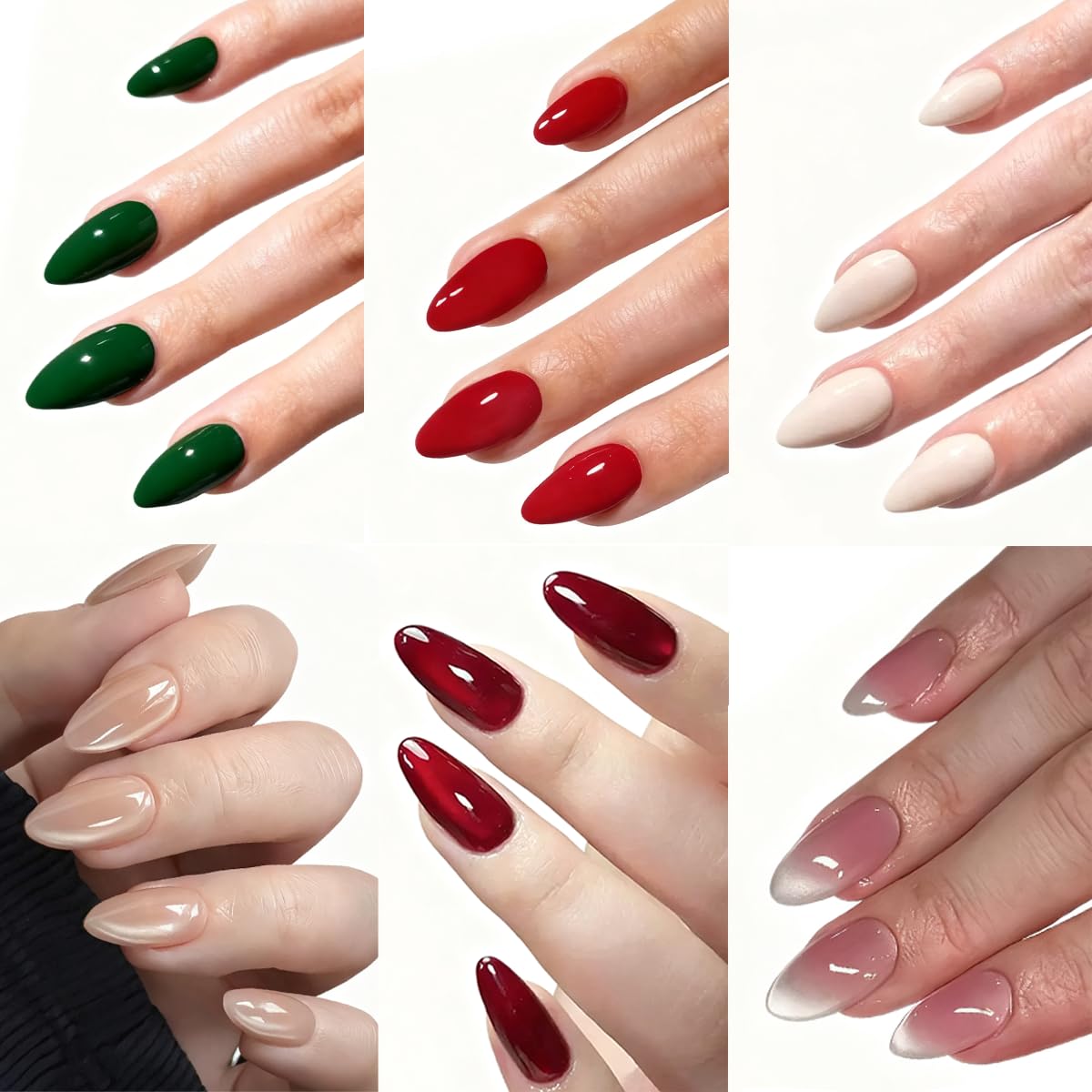 6 Packs (144 Pcs) Press on Nails Medium Almond Fake Nails Solid Color False Nails with Designs Cat Eye Glue on Nails Full Cover Glossy Shiny Glitter Acrylic Stick on Nail for Women Manicure