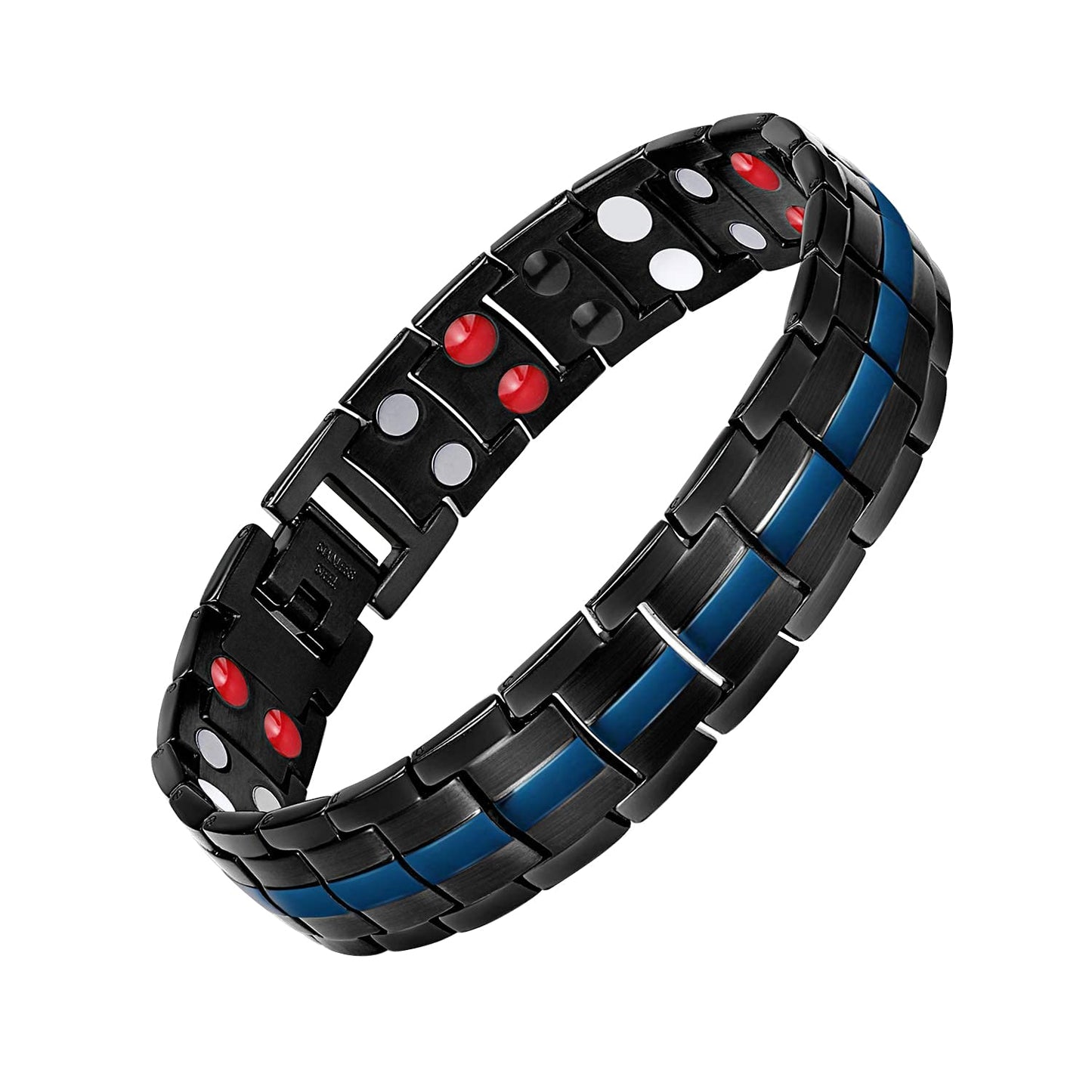 Feraco Mens Magnetic Therapy Bracelets Titanium Steel Bracelet with Double Row 4 Elements Magnets (Black & Blue)