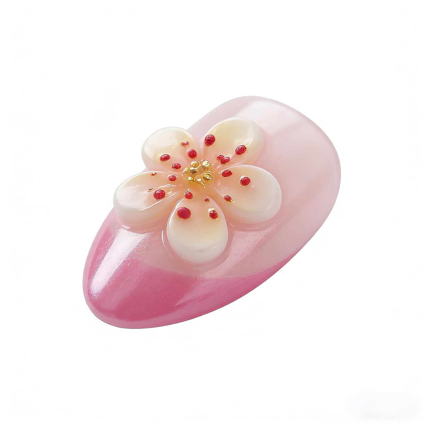 Hand made Press on Nails Medium Pink French Tip Almond Shape Glossy Finish 3D Flower Charms Fake Nails for Women 10 Count M Size